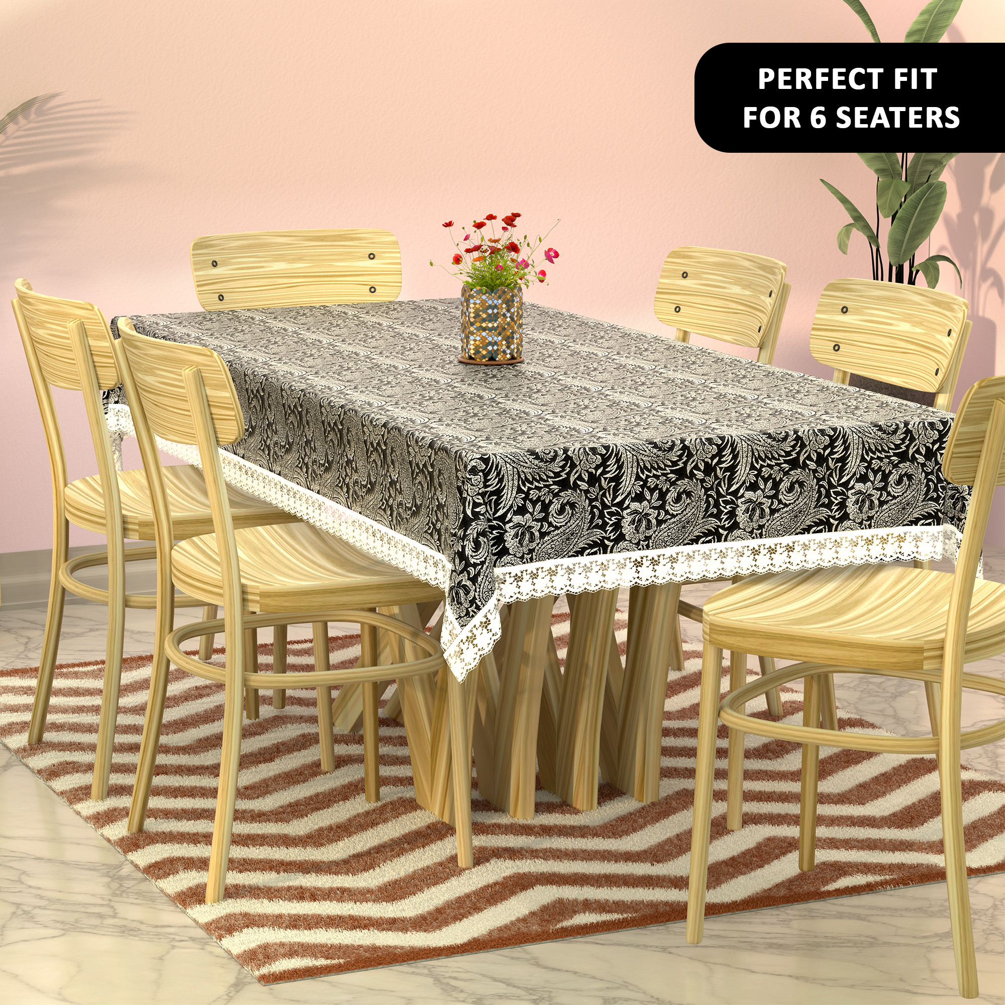 Kuber Industries 60x90 Inches Retangular Waterproof 6 Seater Dining Table Cover with Wavy Border  Easy to Clean Table Protector Cover for Home  Office  Multi Floral - Black Silver