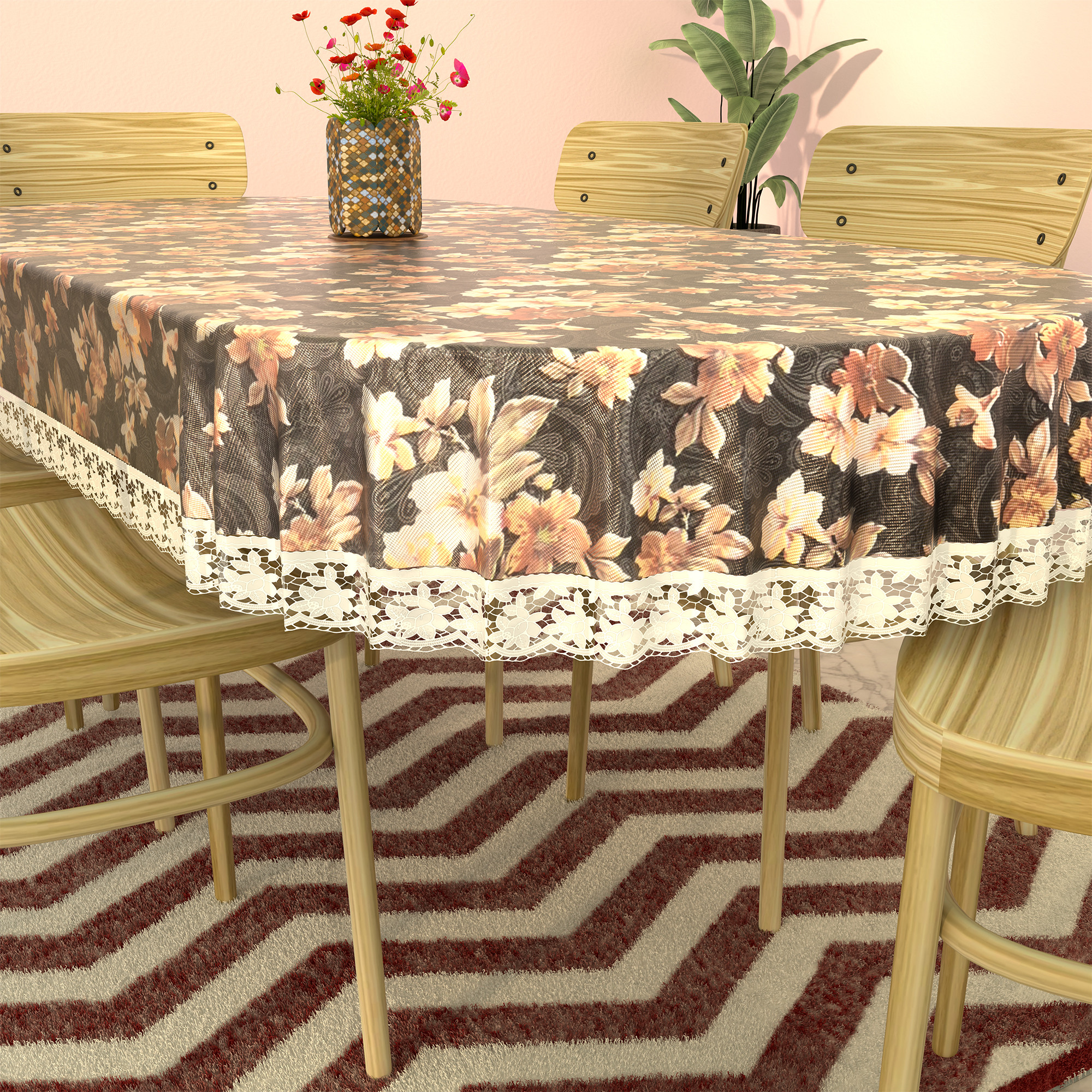 Kuber Industries 60x90 Inches Waterproof Oval Dining Table Cover 6 Seater for Kitchen  Aesthetic Dinner Table Cover Cloth For Living Room House  Office  Flowr Print - Grey  Brown