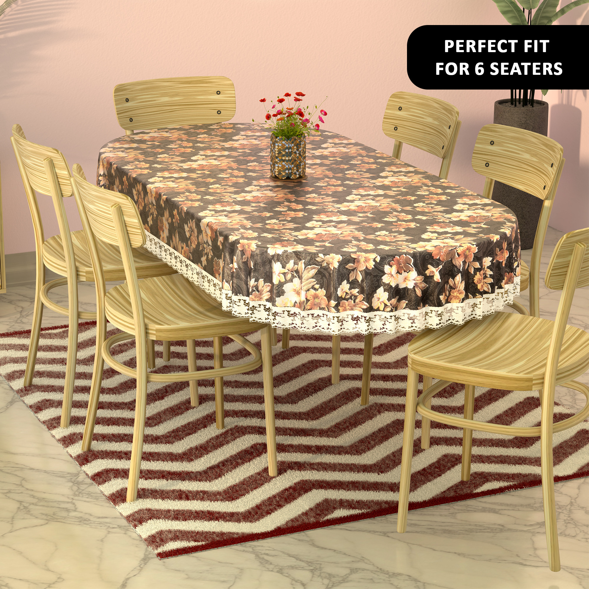 Kuber Industries 60x90 Inches Waterproof Oval Dining Table Cover 6 Seater for Kitchen  Aesthetic Dinner Table Cover Cloth For Living Room House  Office  Flowr Print - Grey  Brown