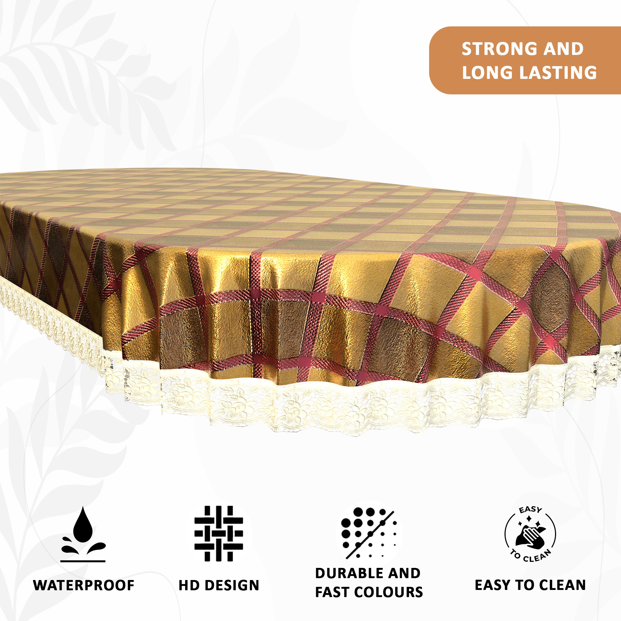 Kuber Industries 60x90 Inches Waterproof Oval Dining Table Cover 6 Seater for Kitchen  Aesthetic Dinner Table Cover Cloth For Living Room  House  Golden Check Print - Pink