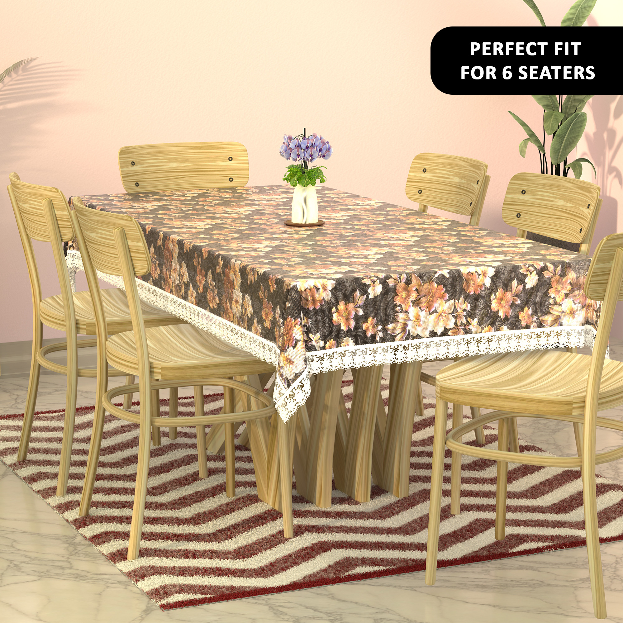 Kuber Industries 60x90 Inches Waterproof Rectangular Dining Table Cover 6 Seater for Kitchen  Aesthetic Dinner Table Cover Cloth For Living Room  House  Flowr Print - Grey  Brown