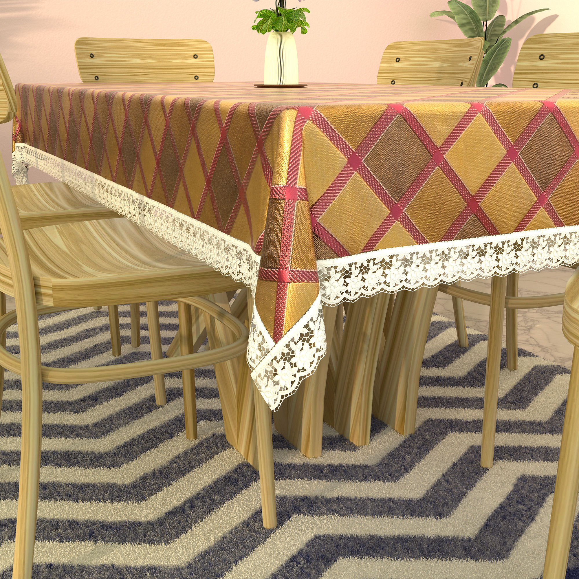 Kuber Industries 60x90 Inches Waterproof Rectangular Dining Table Cover 6 Seater for Kitchen  Aesthetic Dinner Table Cover Cloth For Living Room  House  Golden Check Print - Pink