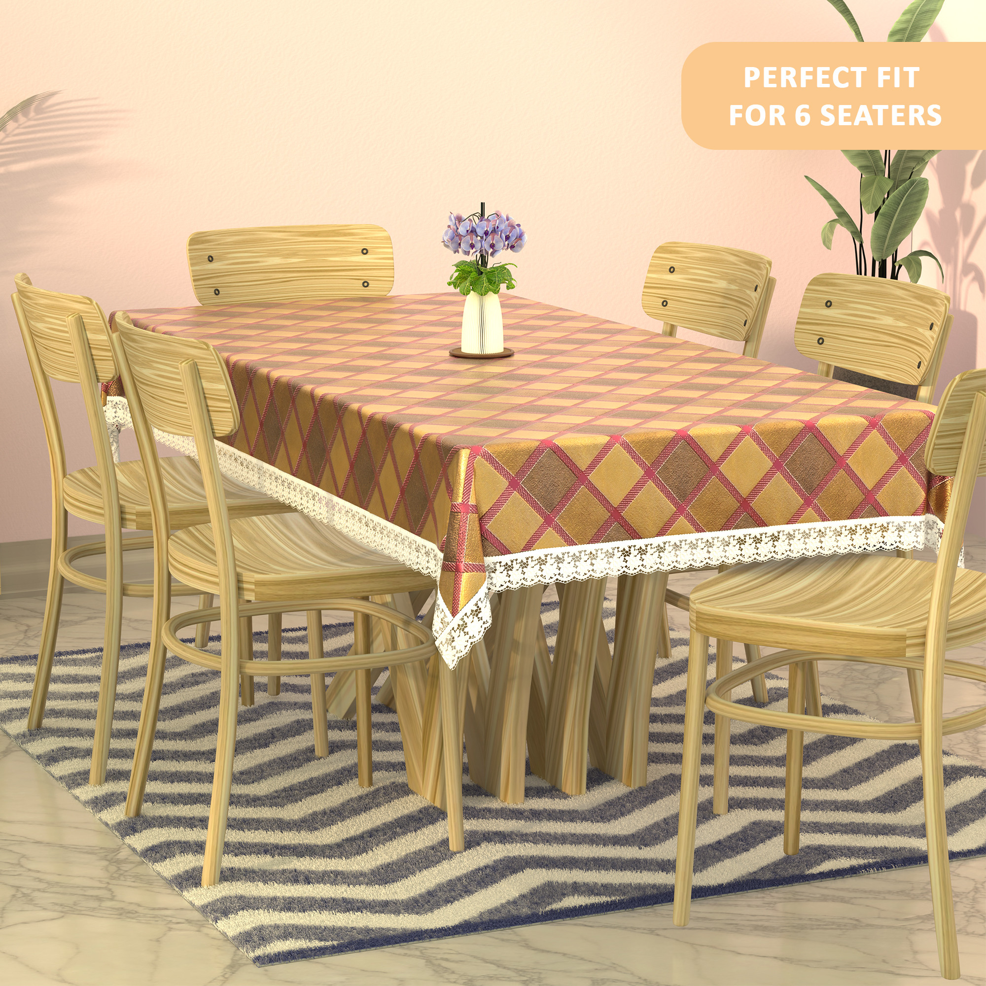 Kuber Industries 60x90 Inches Waterproof Rectangular Dining Table Cover 6 Seater for Kitchen  Aesthetic Dinner Table Cover Cloth For Living Room  House  Golden Check Print - Pink
