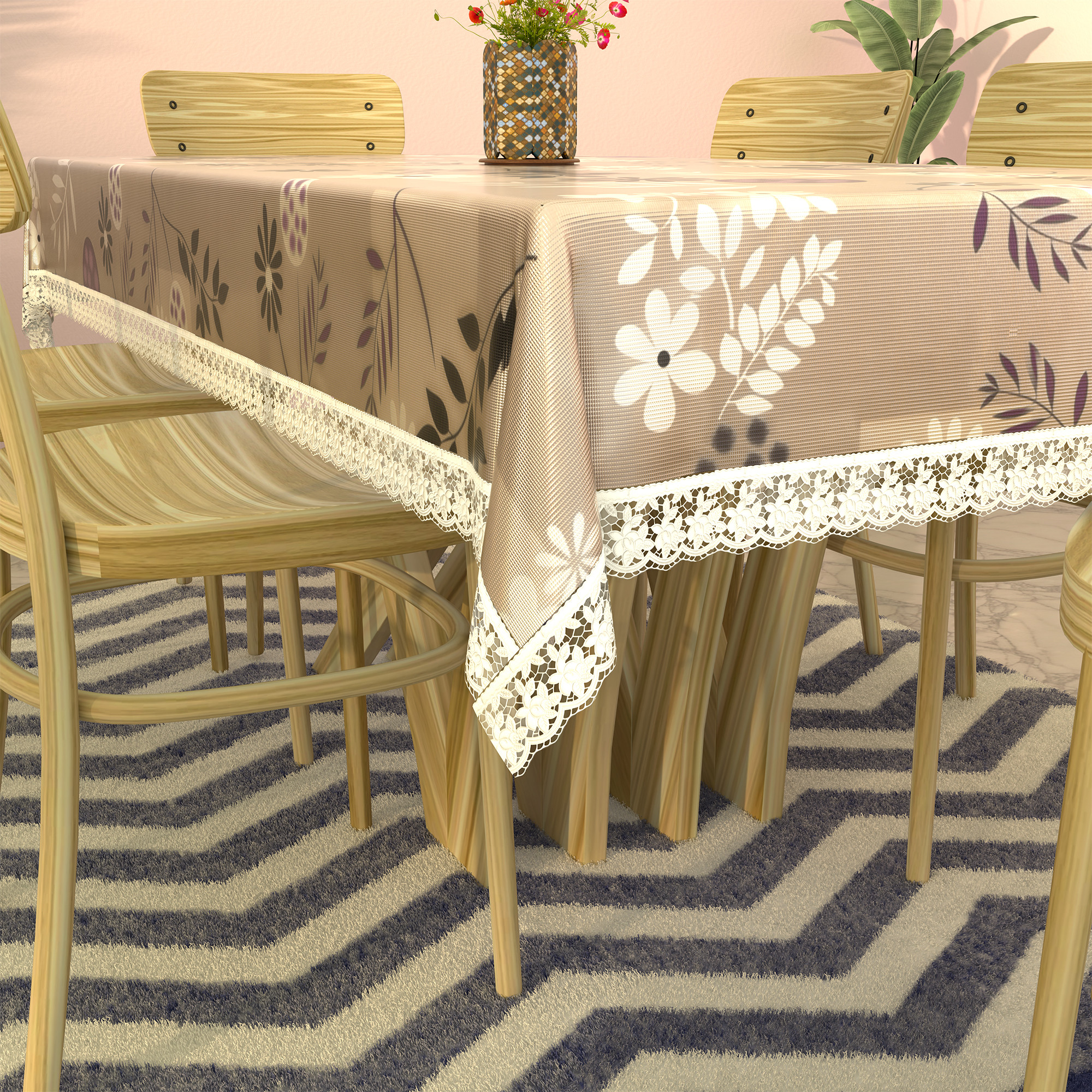 Kuber Industries 60x90 Inches Waterproof Rectangular Dining Table Cover 6 Seater for Kitchen  Aesthetic Dinner Table Cover Cloth For Living Room  Flower Circle Print - Light Brown