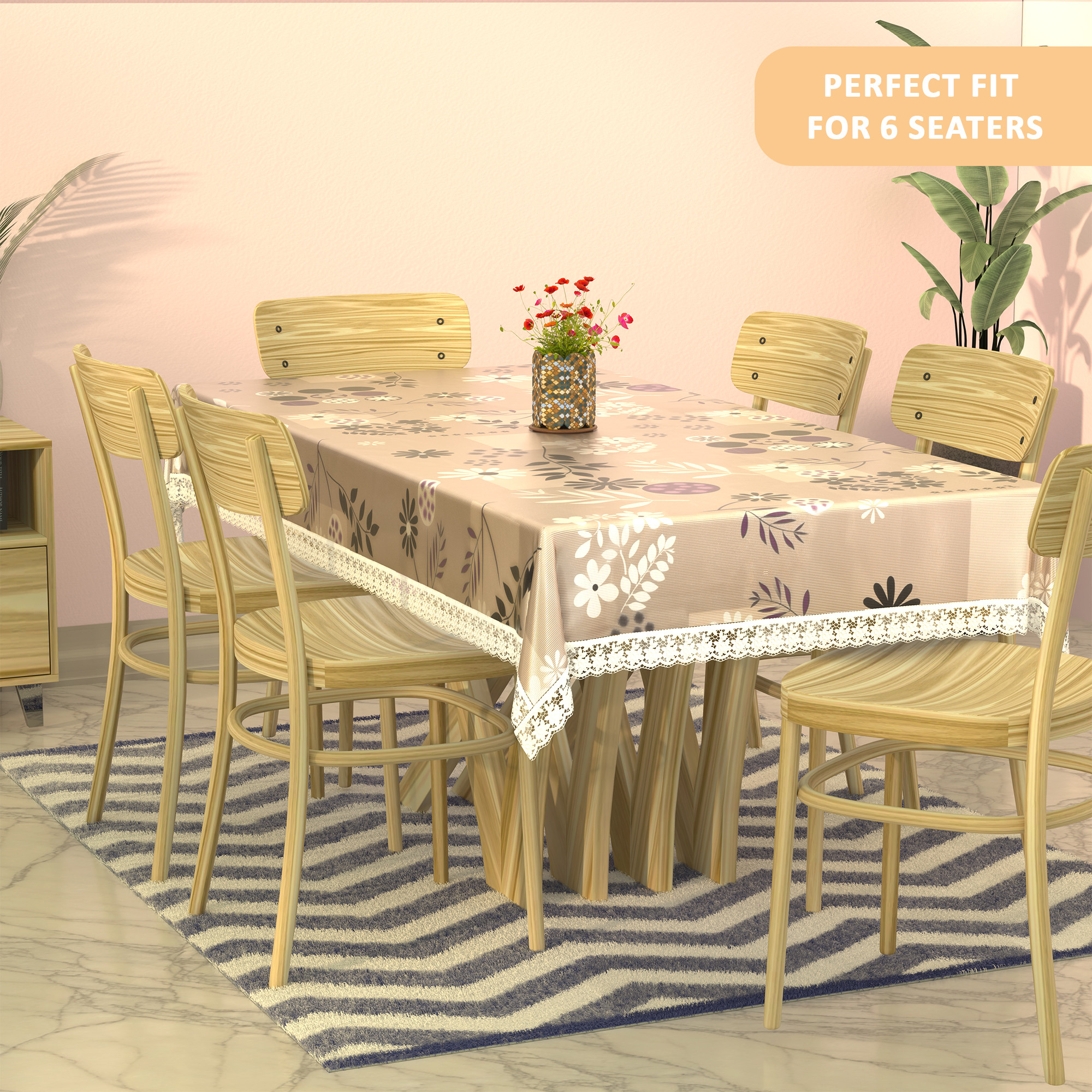Kuber Industries 60x90 Inches Waterproof Rectangular Dining Table Cover 6 Seater for Kitchen  Aesthetic Dinner Table Cover Cloth For Living Room  Flower Circle Print - Light Brown