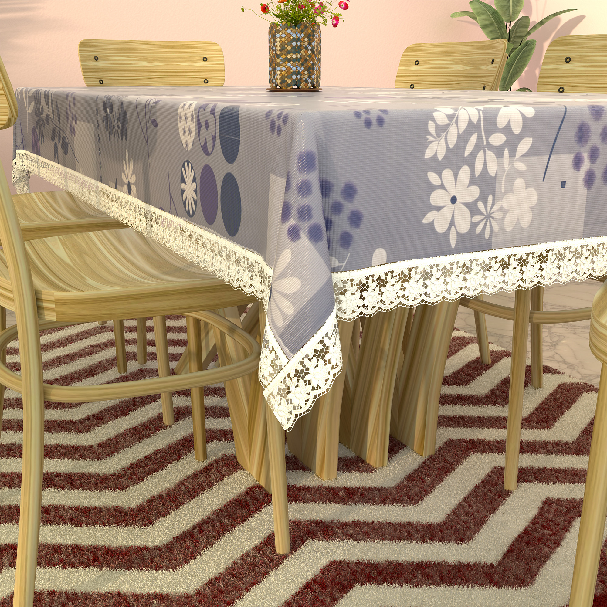 Kuber Industries 60x90 Inches Waterproof Rectangular Dining Table Cover 6 Seater for Kitchen  Aesthetic Dinner Table Cover Cloth For Living Room  Flower Circle Print - Grey