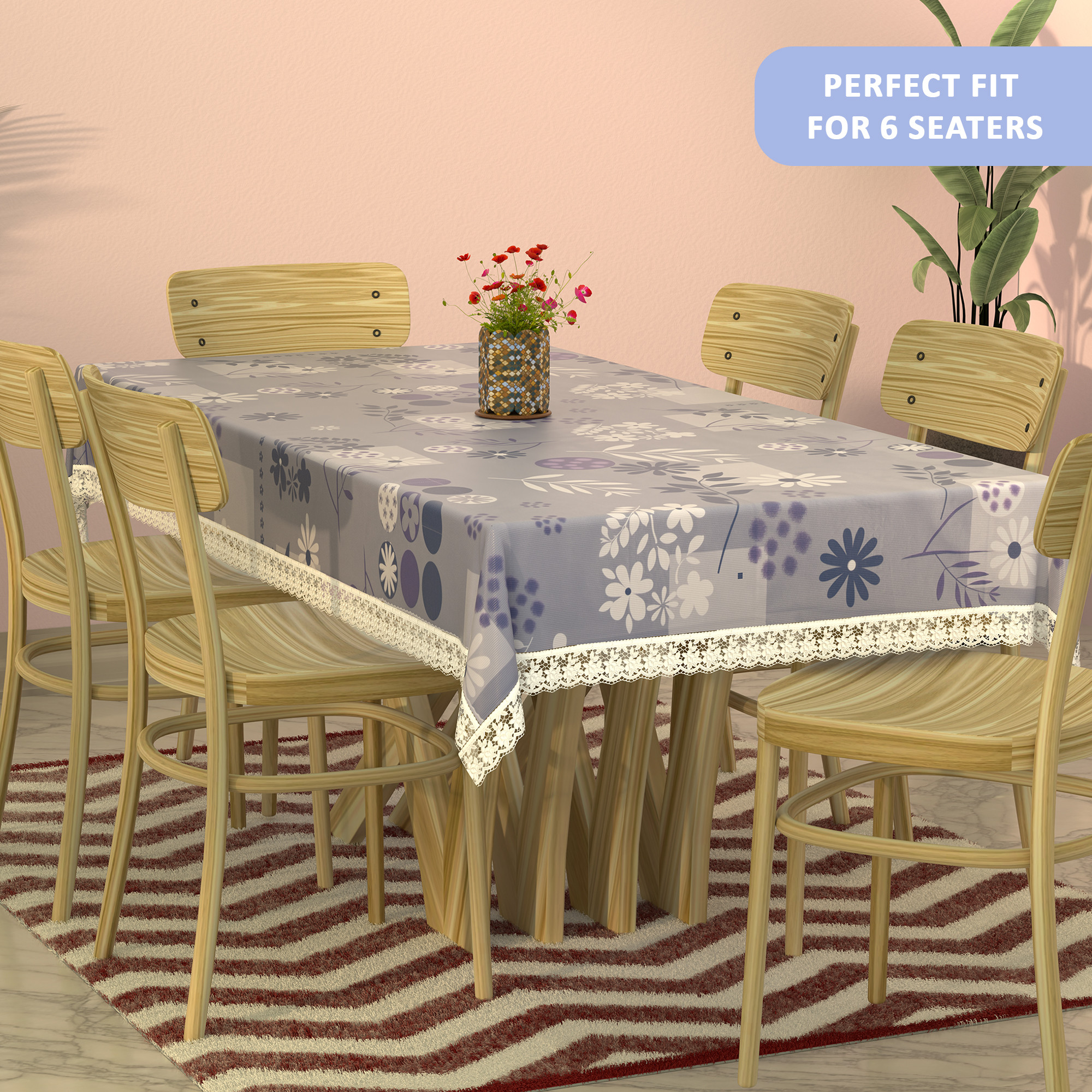 Kuber Industries 60x90 Inches Waterproof Rectangular Dining Table Cover 6 Seater for Kitchen  Aesthetic Dinner Table Cover Cloth For Living Room  Flower Circle Print - Grey