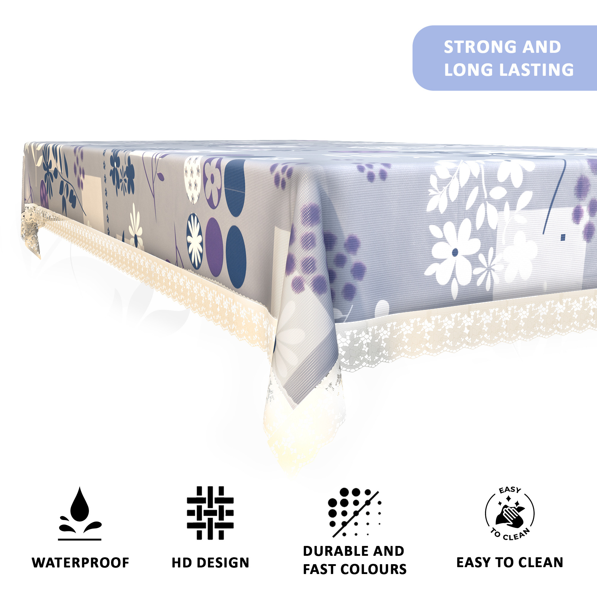 Kuber Industries 60x90 Inches Waterproof Rectangular Dining Table Cover 6 Seater for Kitchen  Aesthetic Dinner Table Cover Cloth For Living Room  Flower Circle Print - Grey