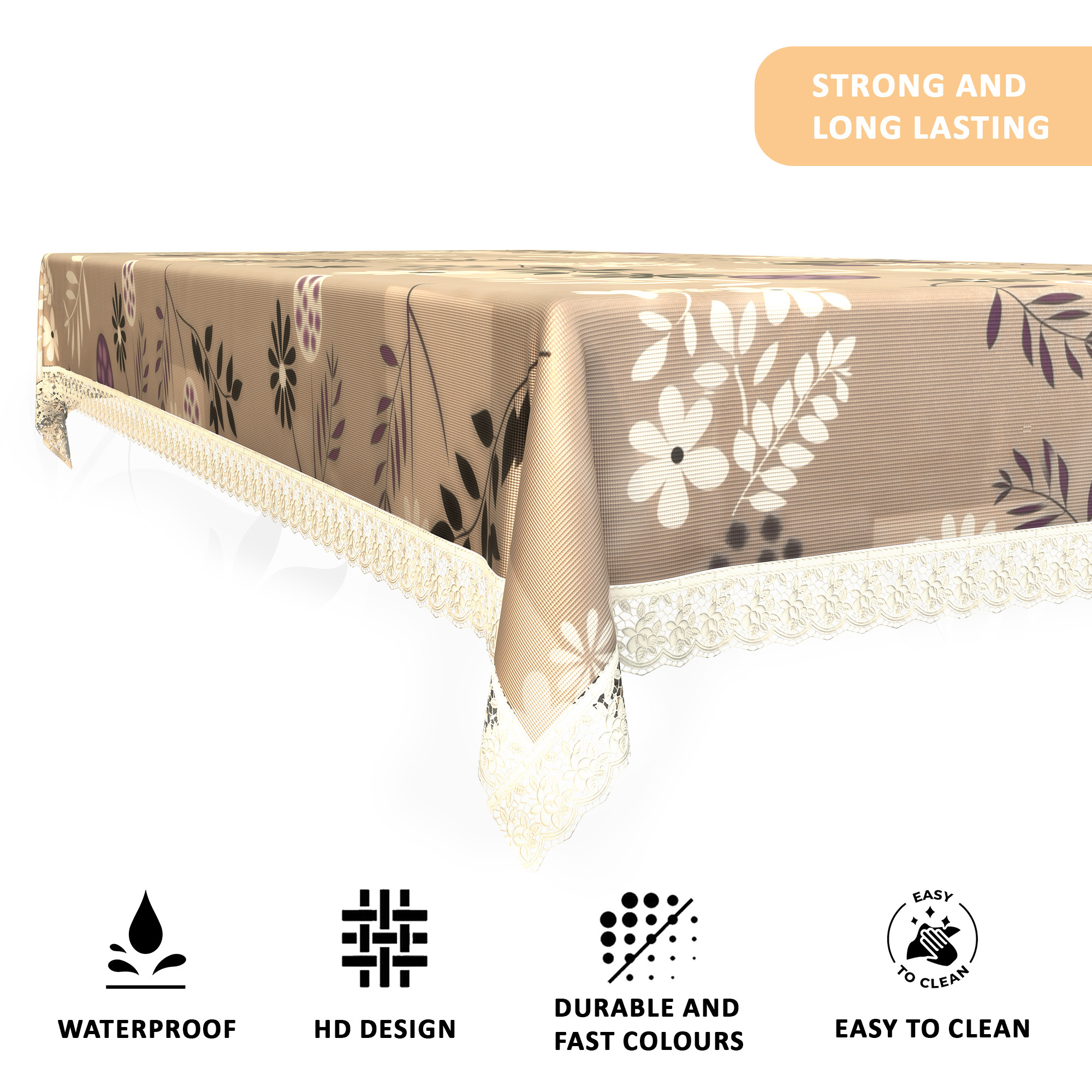 Kuber Industries 60x90 Inches Waterproof Rectangular Dining Table Cover 6 Seater for Kitchen  Aesthetic Dinner Table Cover Cloth For Living Room  Flower Circle Print - Light Brown