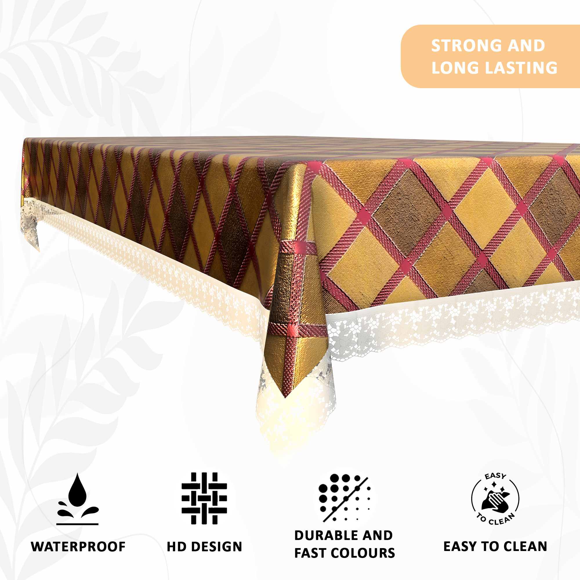 Kuber Industries 60x90 Inches Waterproof Rectangular Dining Table Cover 6 Seater for Kitchen  Aesthetic Dinner Table Cover Cloth For Living Room  House  Golden Check Print - Pink