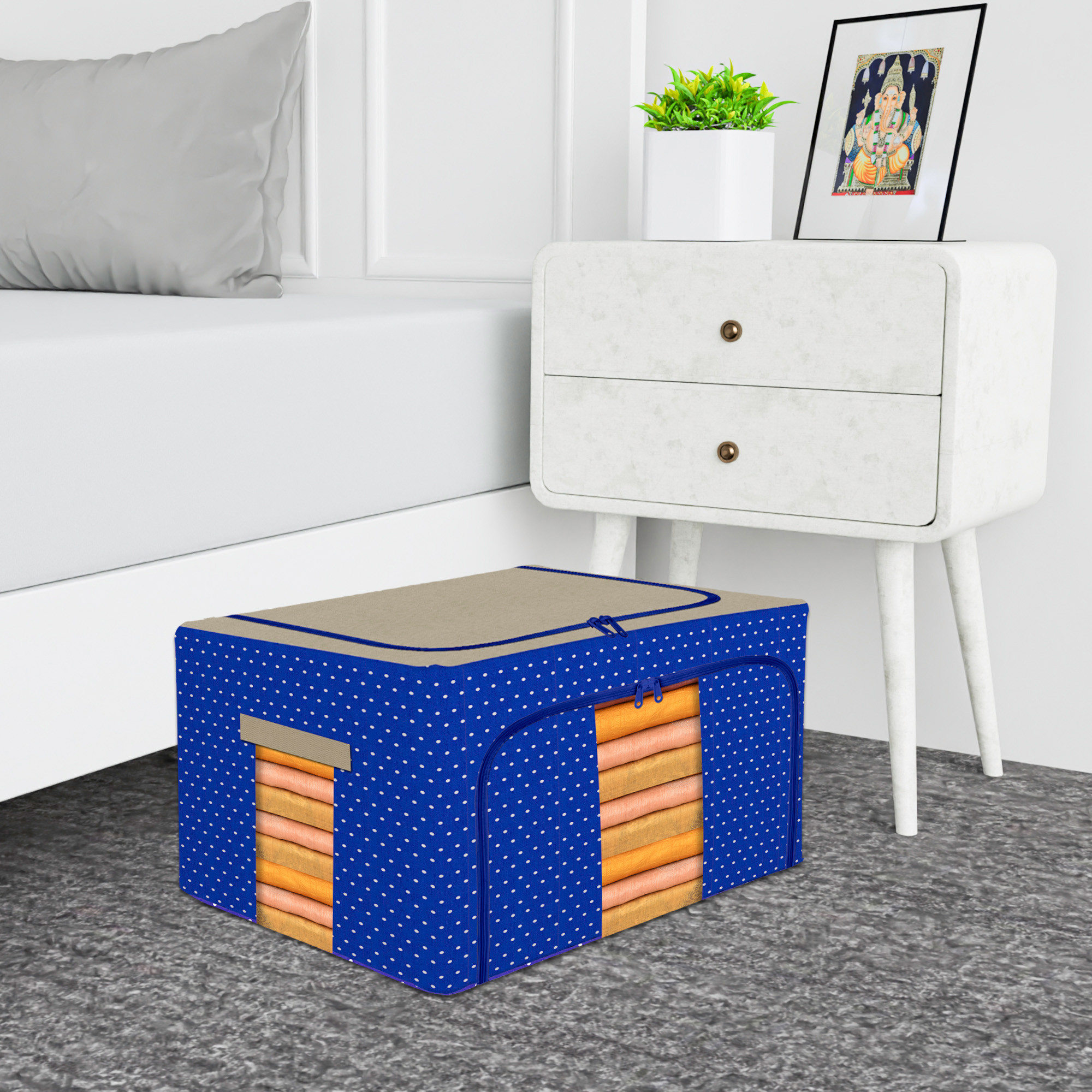 Kuber Industries 66 Liter Clothes Storage Box  Foldable Steel Frame Clothes Organizer  Storage Box For Wardrobe-Saree-Shirts And Blankets  Underbed Storage Bag  Dot Print  Royal Blue