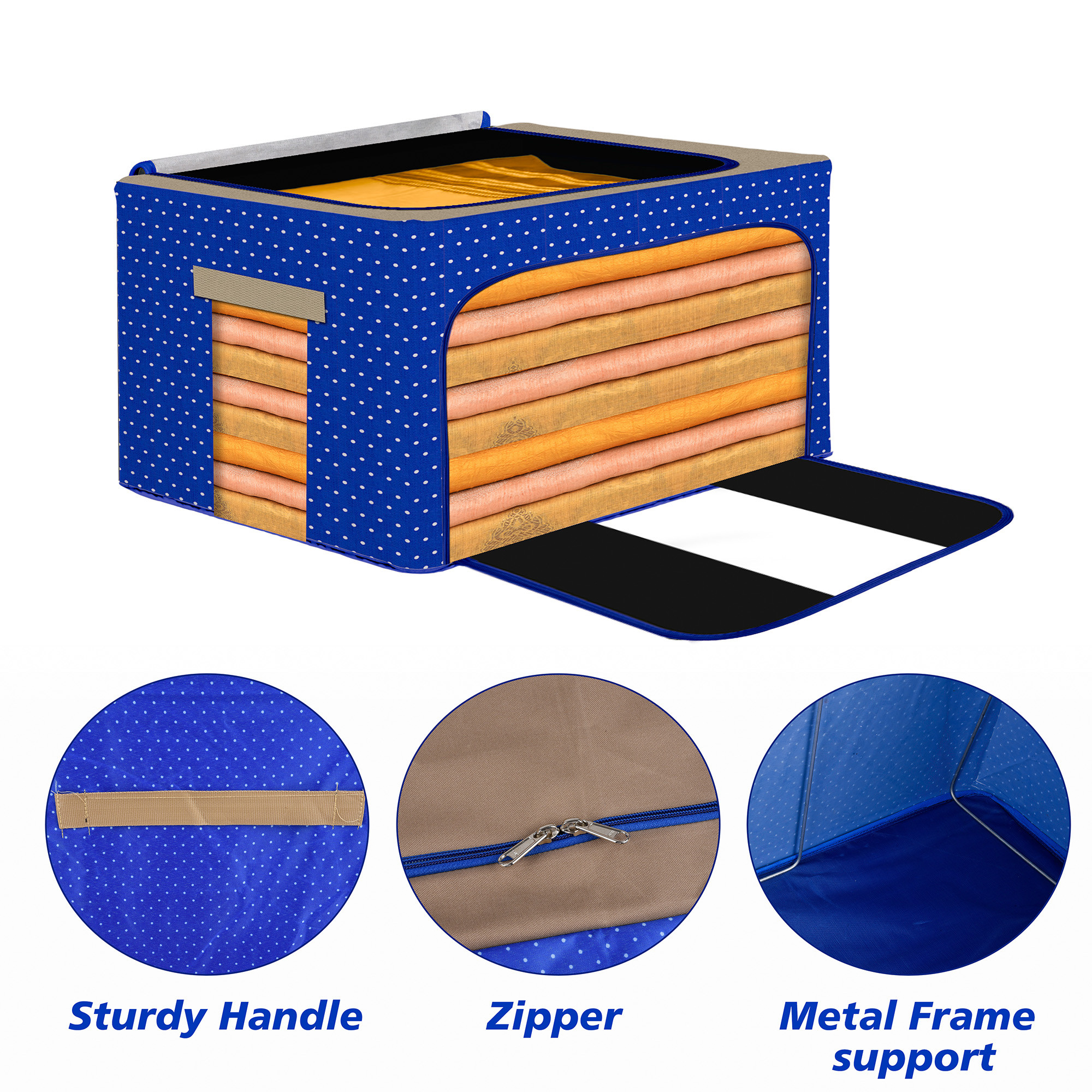 Kuber Industries 66 Liter Clothes Storage Box  Foldable Steel Frame Clothes Organizer  Storage Box For Wardrobe-Saree-Shirts And Blankets  Underbed Storage Bag  Dot Print  Royal Blue