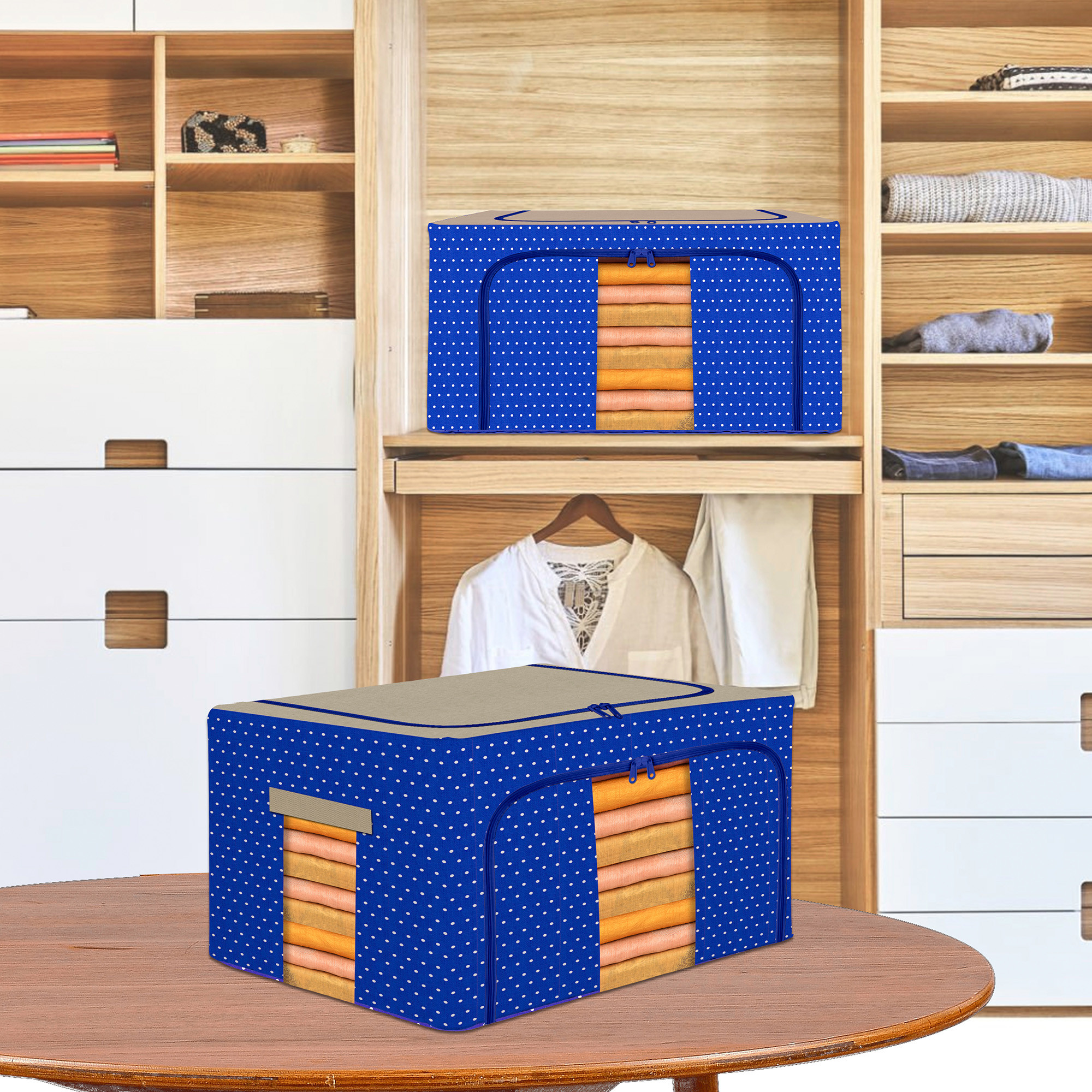 Kuber Industries 66 Liter Clothes Storage Box  Foldable Steel Frame Clothes Organizer  Storage Box For Wardrobe-Saree-Shirts And Blankets  Underbed Storage Bag  Dot Print  Royal Blue