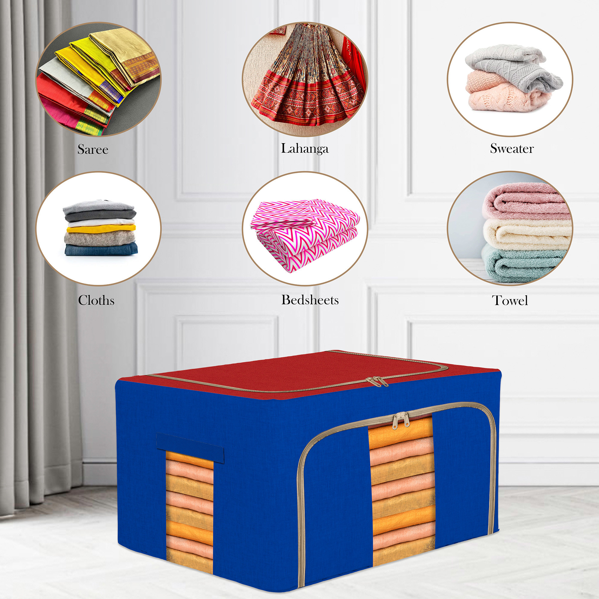 Kuber Industries 66 Liter Clothes Storage Box  Foldable Steel Frame Clothes Organizer  Storage Box For Wardrobe-Saree-Shirts And Blankets  Underbed Storage Bag  Red  Blue