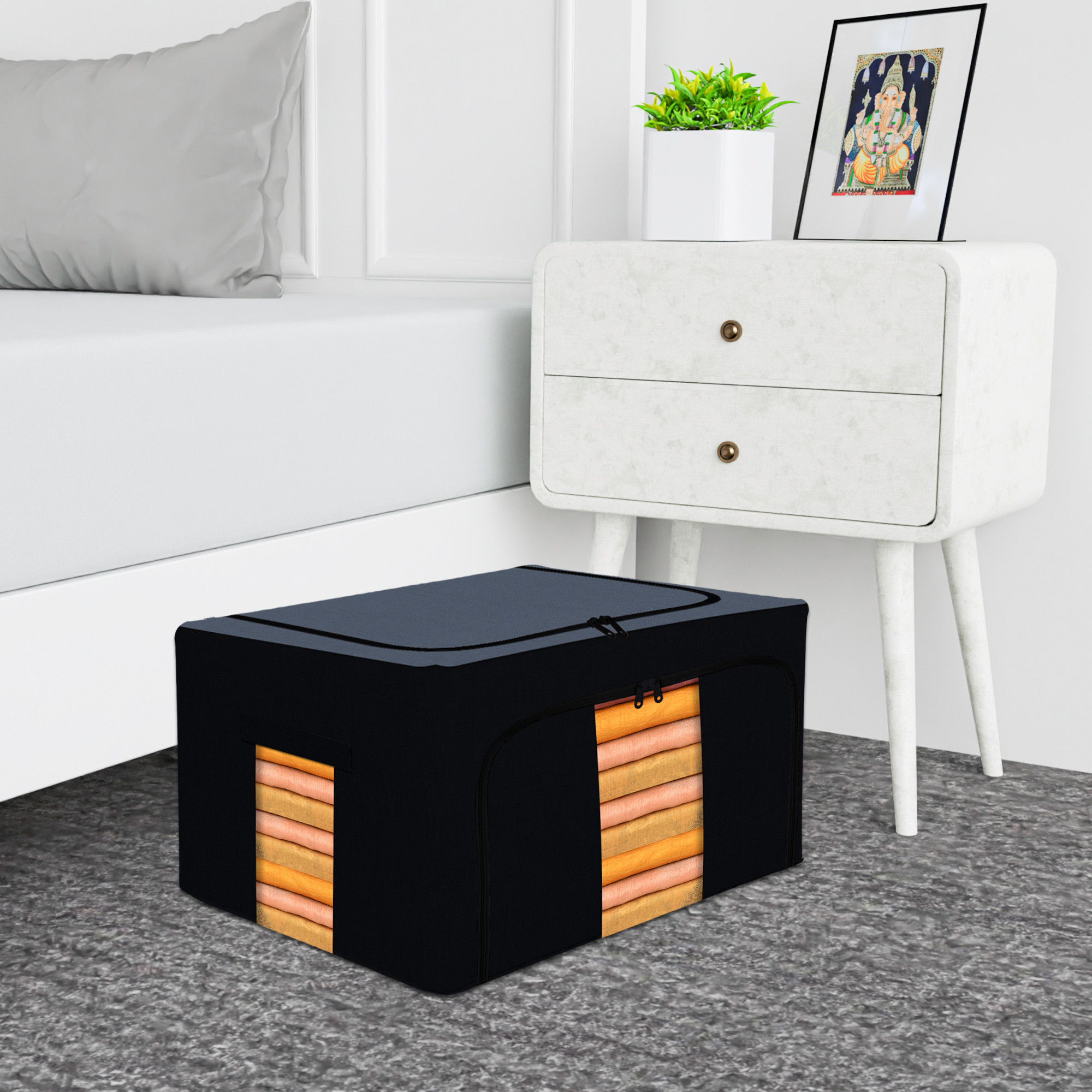 Kuber Industries 66 Liter Clothes Storage Box  Underbed Storage Bag  Foldable Steel Frame Clothes Organizer  Storage Box For Wardrobe-Saree-Shirts And Blankets  Grey  Black