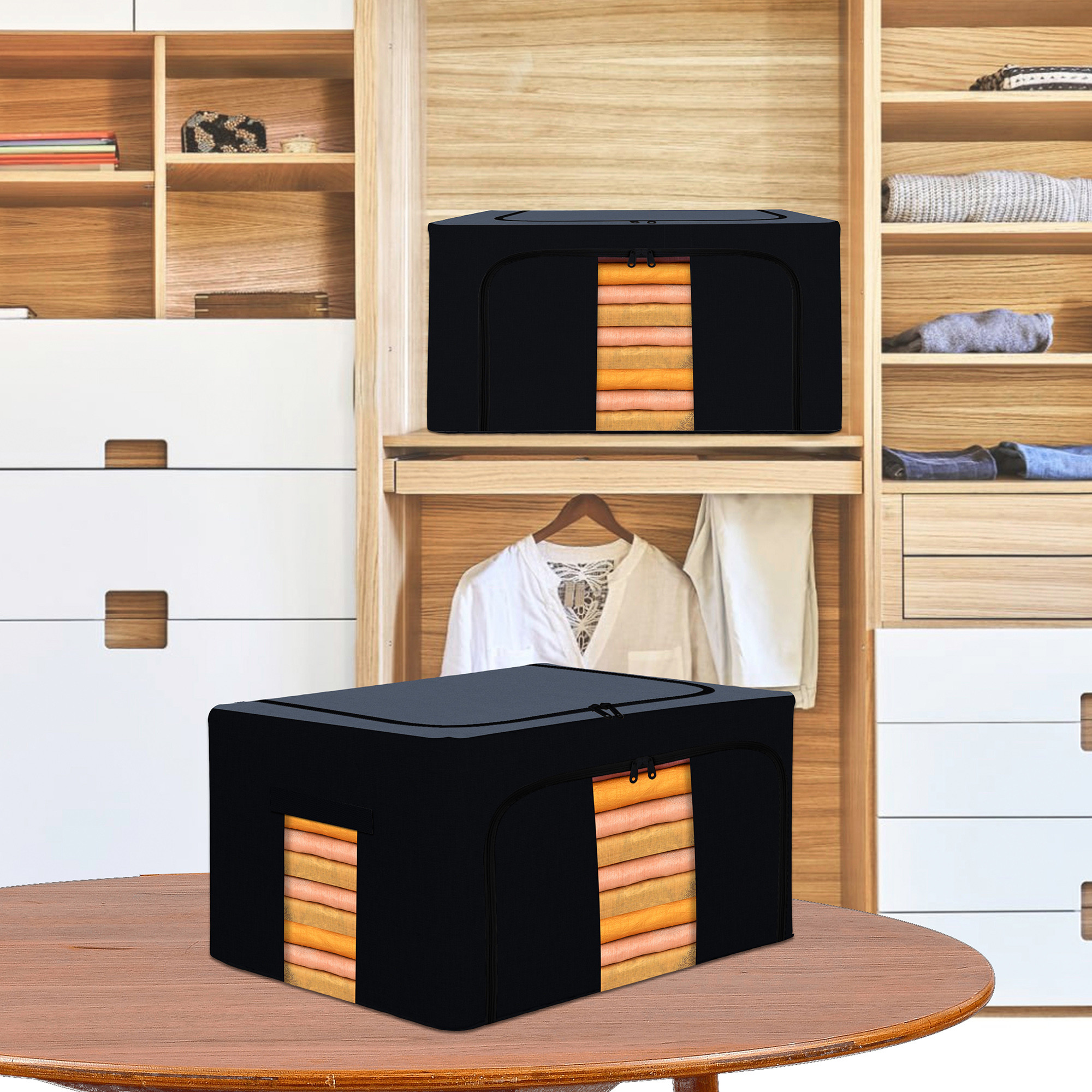 Kuber Industries 66 Liter Clothes Storage Box  Underbed Storage Bag  Foldable Steel Frame Clothes Organizer  Storage Box For Wardrobe-Saree-Shirts And Blankets  Grey  Black