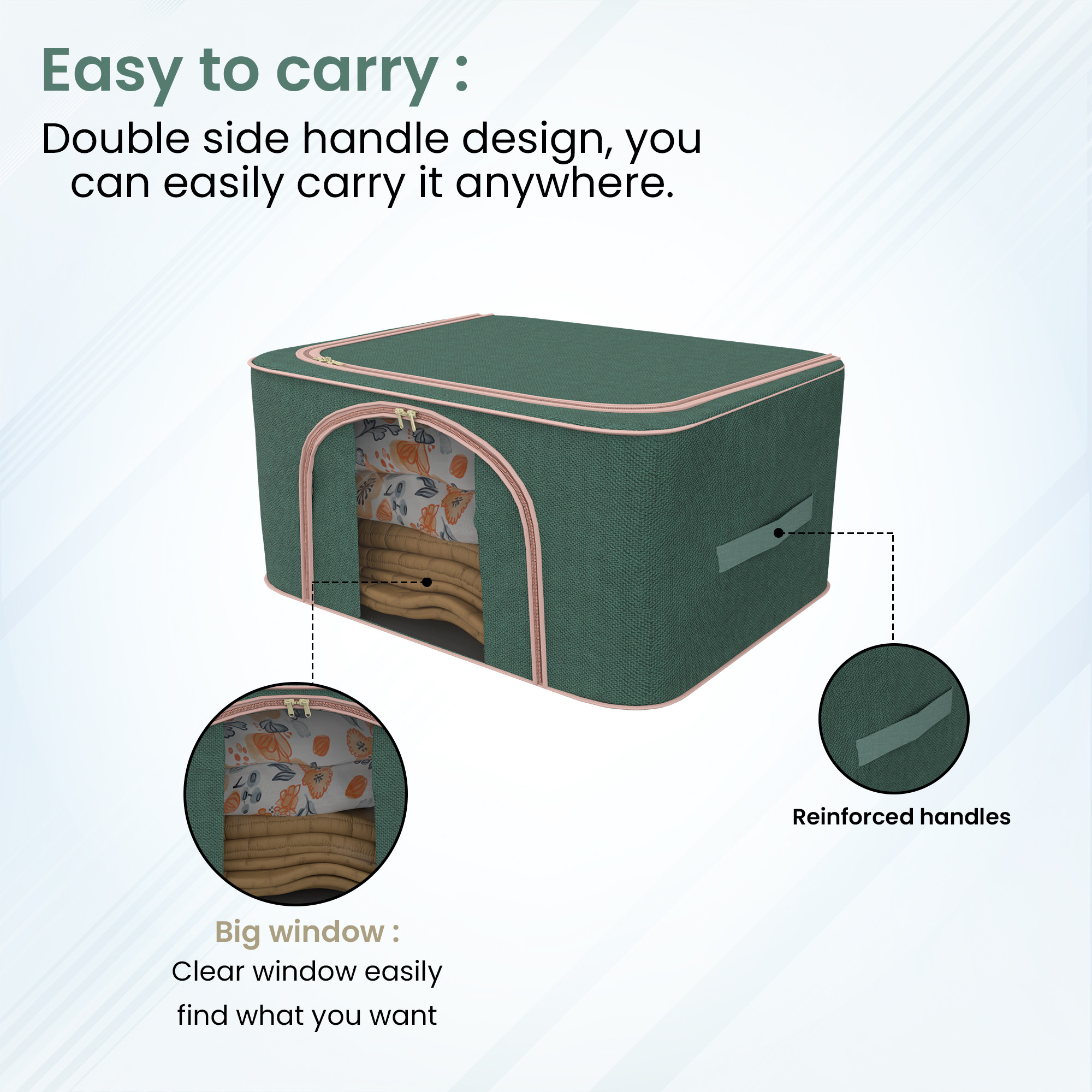 Kuber Industries 66 Liter Foldable Cloth Organizer for Storage with Steel Frame Zip  Handles   See Through Saree Organiser for Wardrobe Seasonal  Home Items  LJ-1-GRN  Green