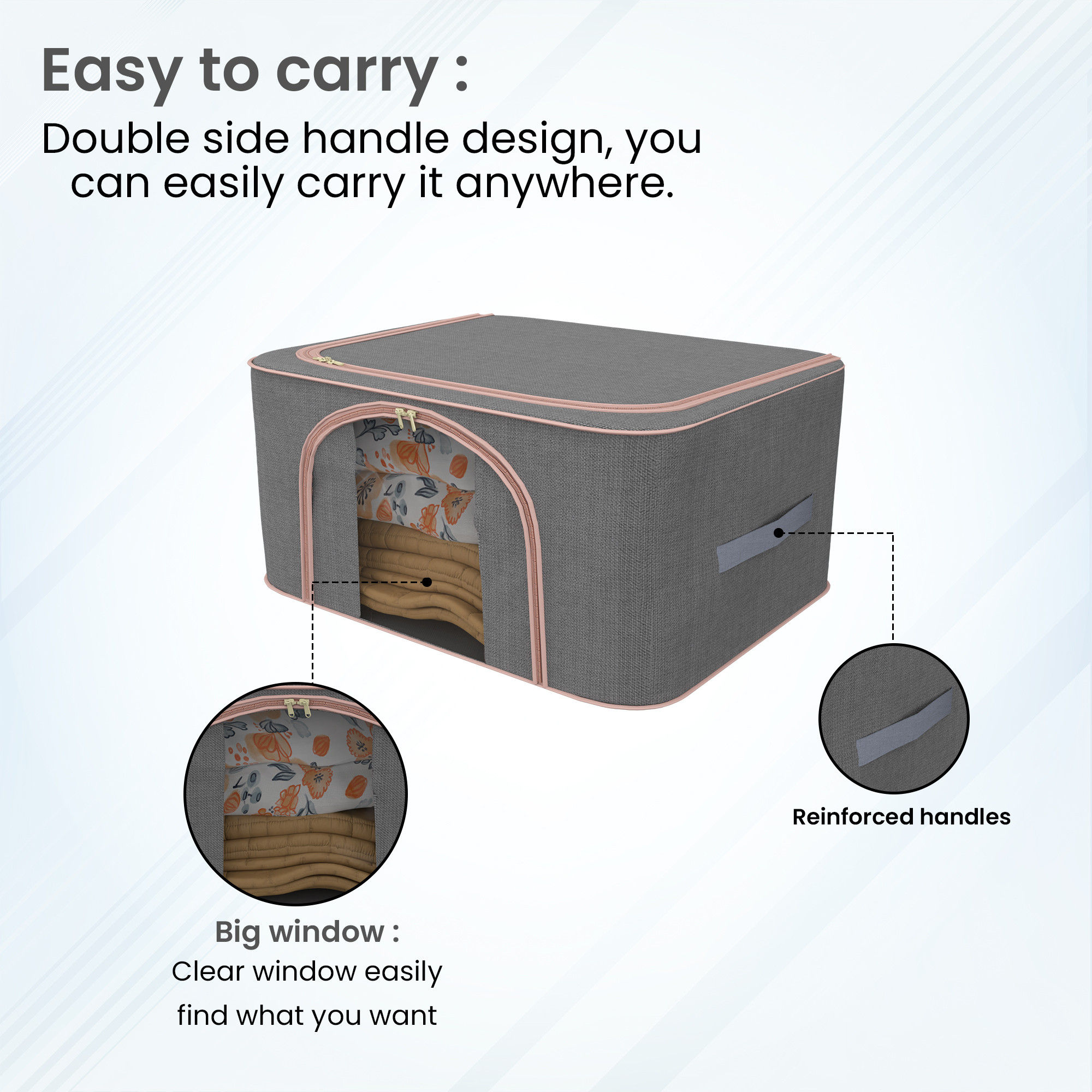 Kuber Industries 66 Liter Foldable Cloth Organizer for Storage with Steel Frames Zip  Handles  See Through Saree Organiser for Wardrobe Seasonal  Home Items  LJ-1-GRY  Grey