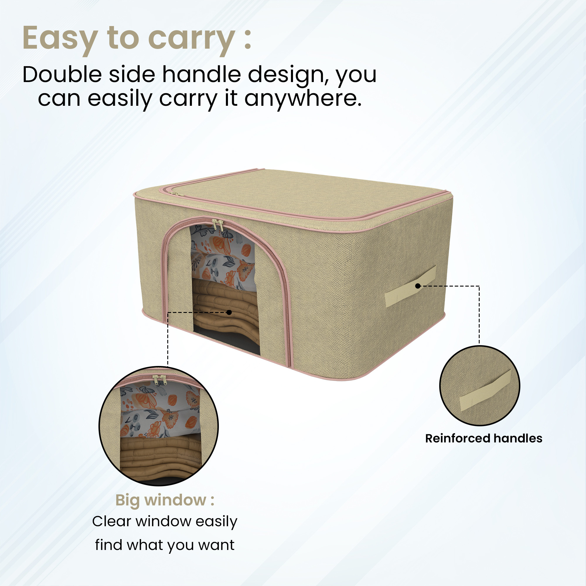 Kuber Industries 66 Liter Foldable Cloth Organizer for Storage with Steel Frames Zip  Handles  See Through Saree Organiser for Wardrobe Seasonal  Home Items  LJ-1-BG  Beige