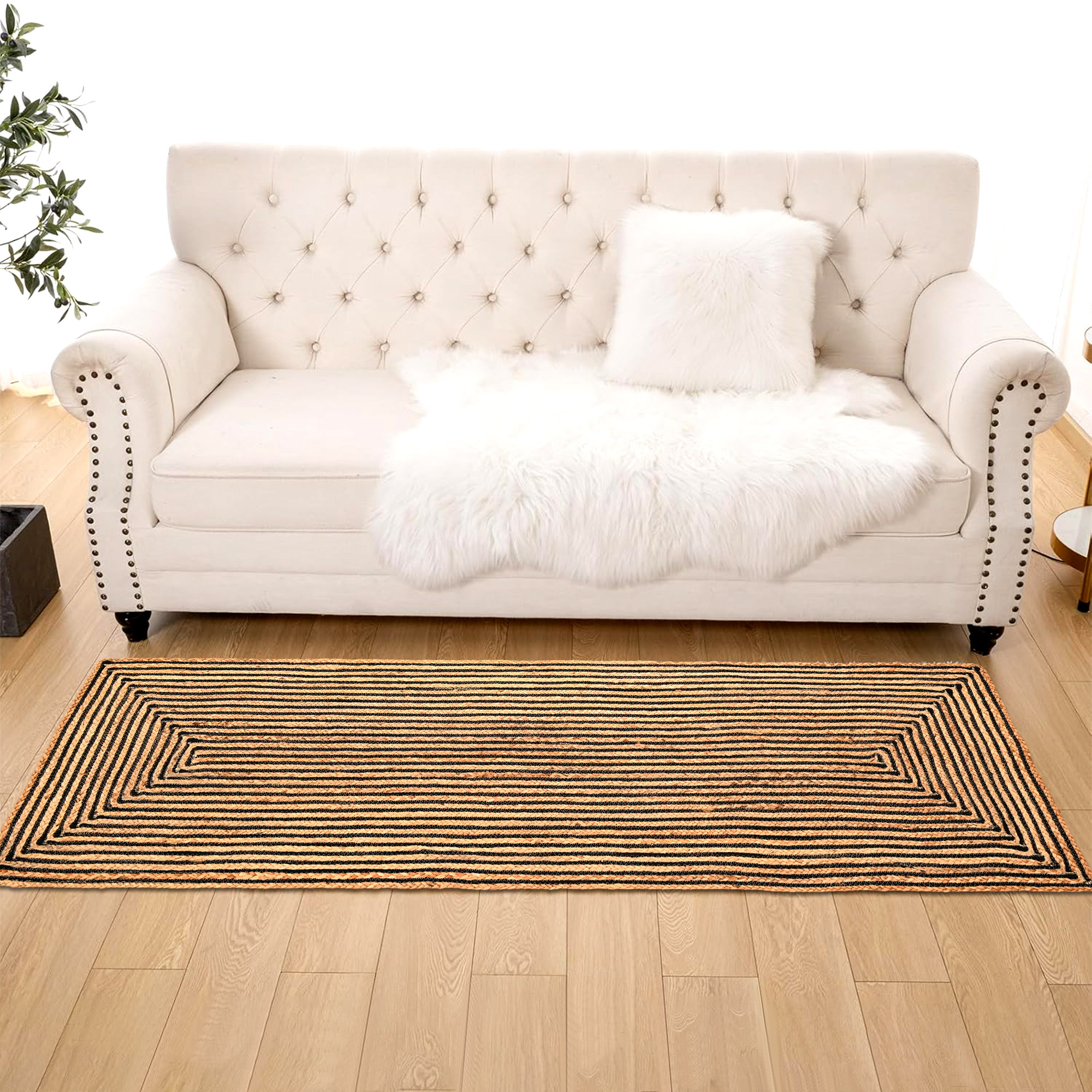 Kuber Industries 6x2 Feet Jute Runner for Bedroom  Living Room  Bedside CarpetRug  Mat for Home Floor  Brown  Black