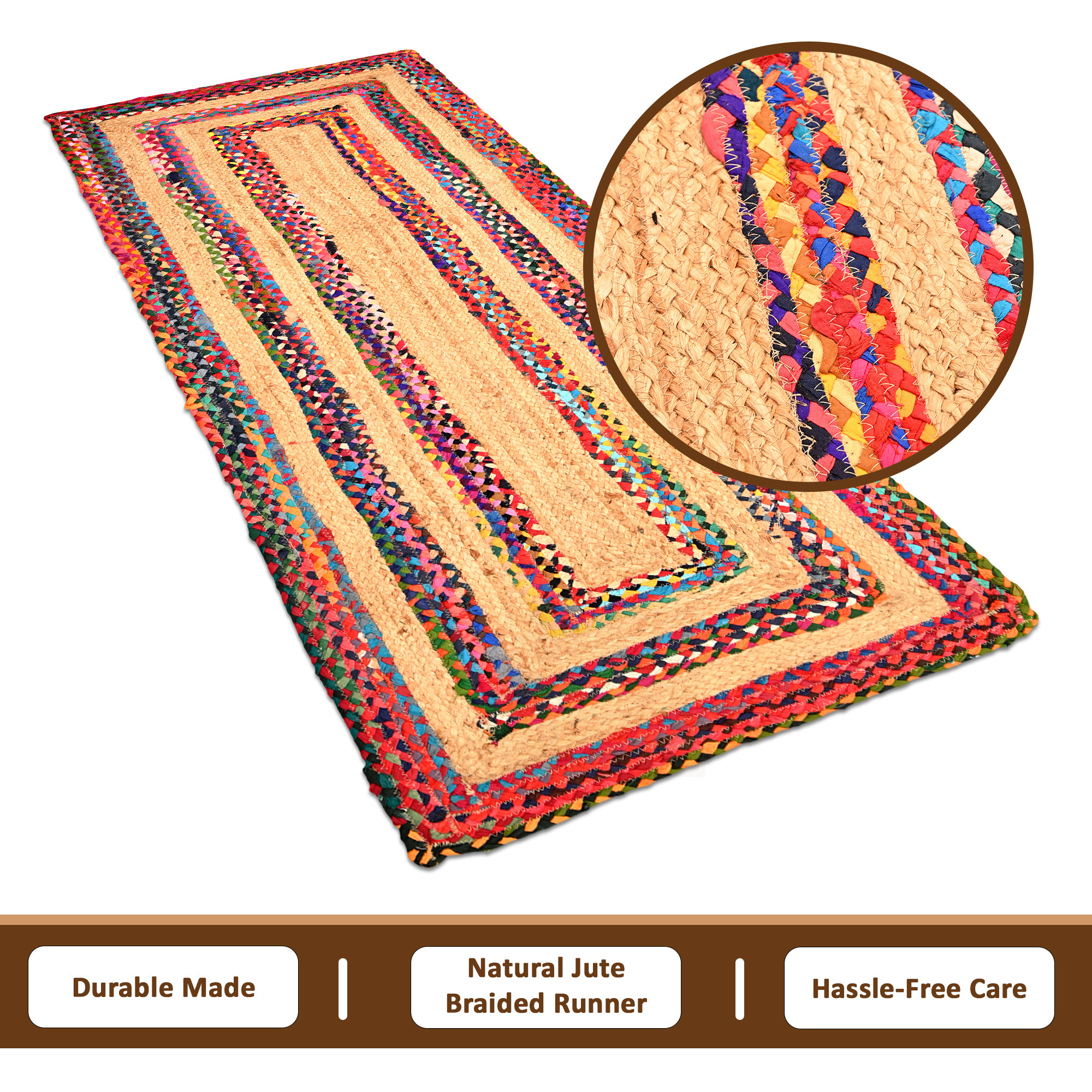 Kuber Industries 6x2 Feet Jute Runner for Bedroom  Living Room  Bedside CarpetRug  Mat for Home Floor  Lining Chindi Design - Brown