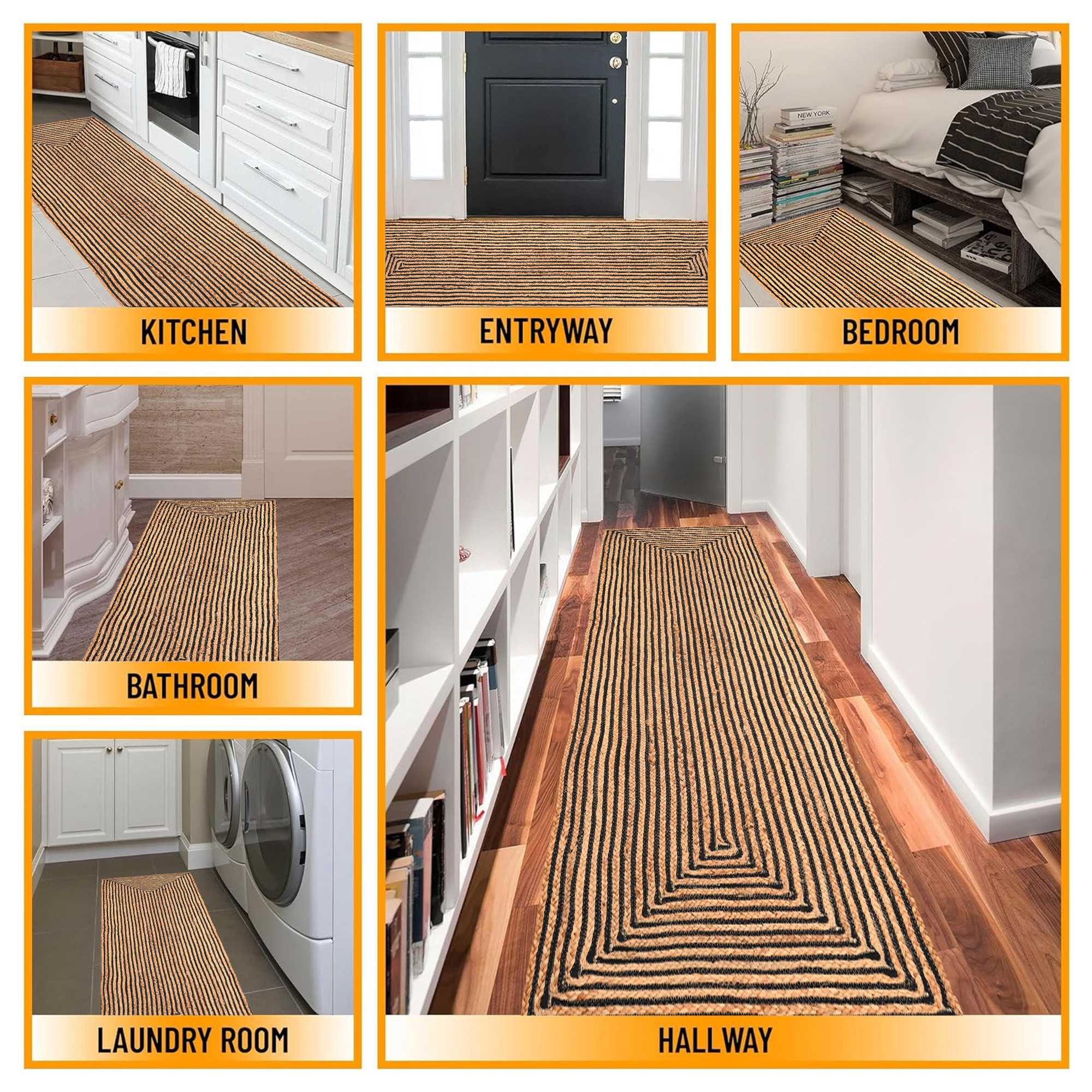 Kuber Industries 6x2 Feet Jute Runner for Bedroom  Living Room  Bedside CarpetRug  Mat for Home Floor  Brown  Black