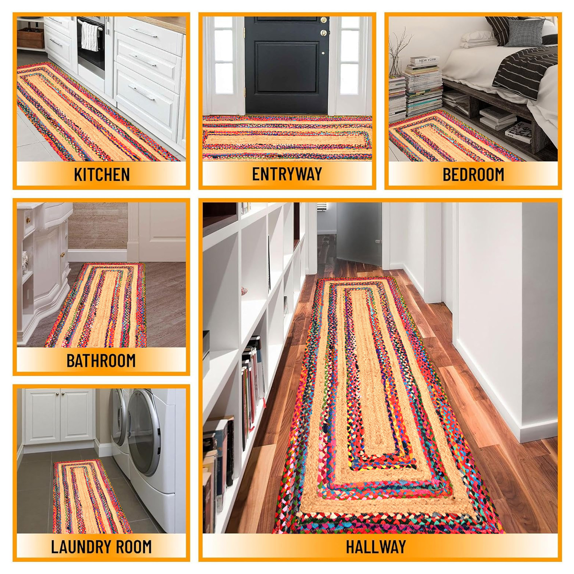 Kuber Industries 6x2 Feet Jute Runner for Bedroom  Living Room  Bedside CarpetRug  Mat for Home Floor  Lining Chindi Design - Brown