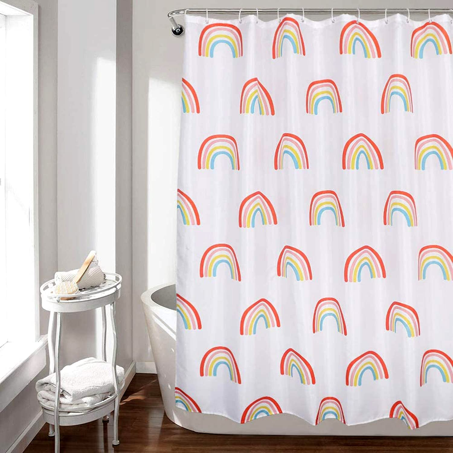 Kuber Industries 7 Feet PVC Rainbow Print Shower Curtain/AC Curtain For Bathroom, Living Room With 8 Hooks (White)
