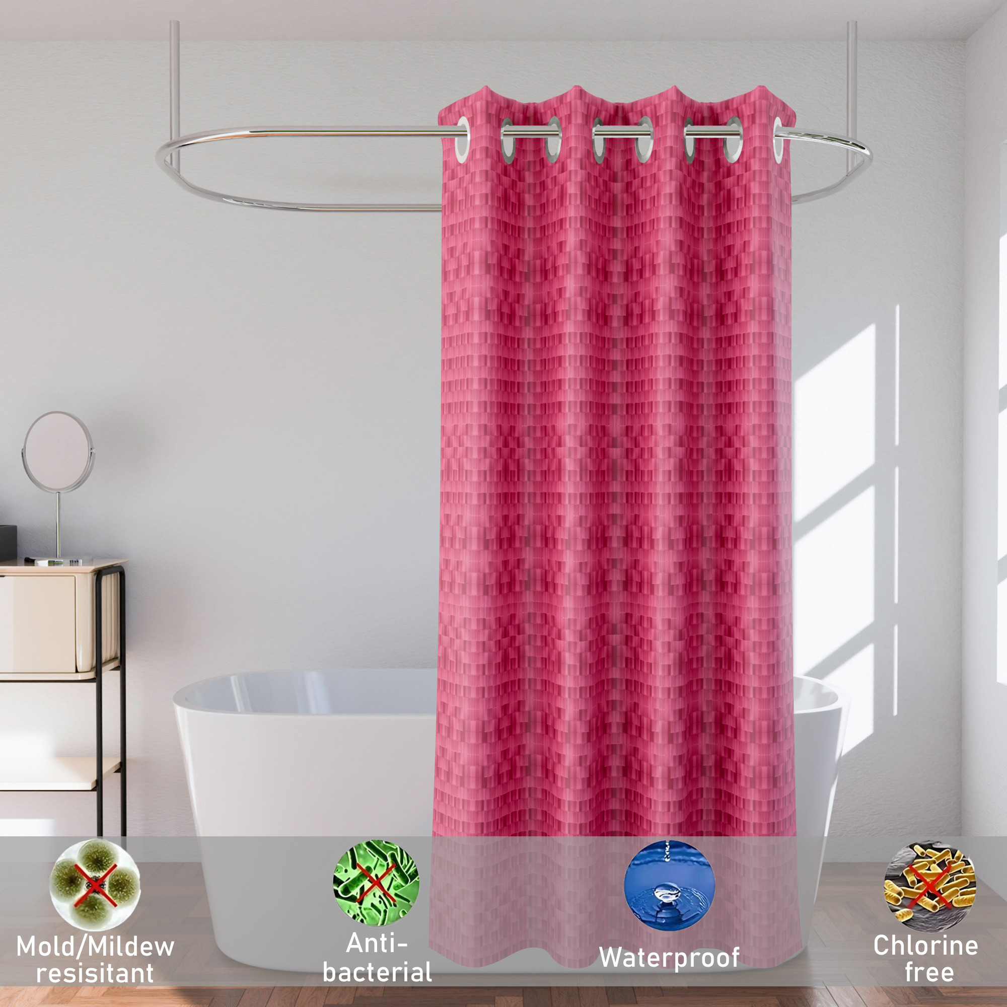Kuber Industries 7 Ft Waterproof Check Eyelet Shower Curtains For Bathroom  Washroom Partition Screen  Wall Divider Parda For Bath  Pink