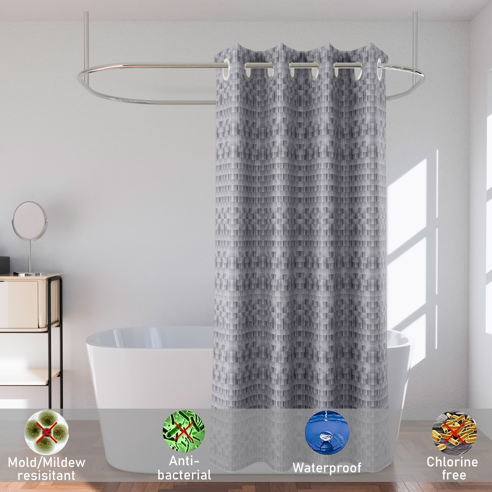 Kuber Industries 7 Ft Waterproof Check Eyelet Shower Curtains For Bathroom  Washroom Partition Screen  Wall Divider Parda For Bath  Grey