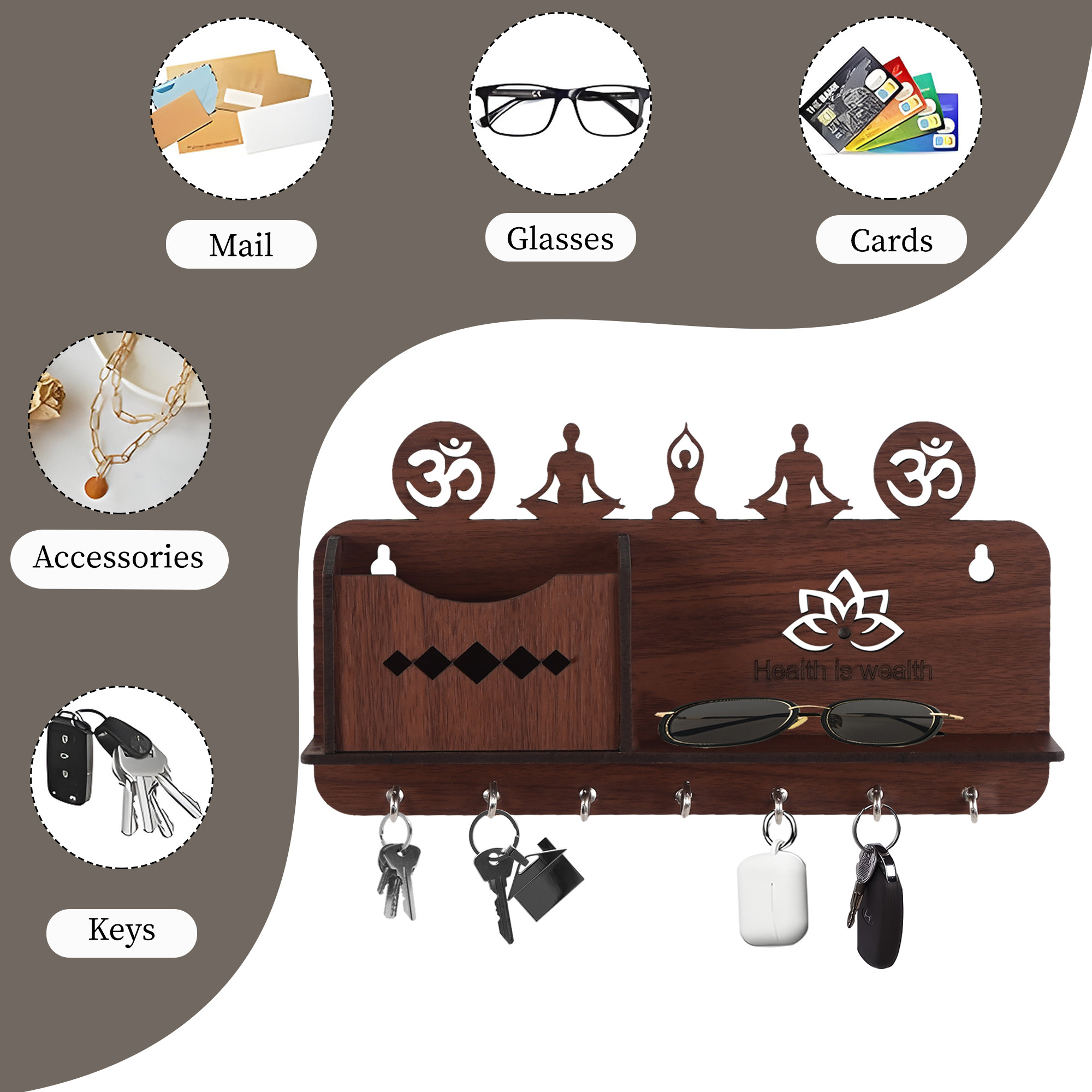 Kuber Industries 7 Hook Wooden Key Holder for Home Decor Stylish  Aesthetic Key Holder Stand  Key Stand for Wall with Shelf  Key Hangers  Decorative Items for Home Decor  Dark Brown