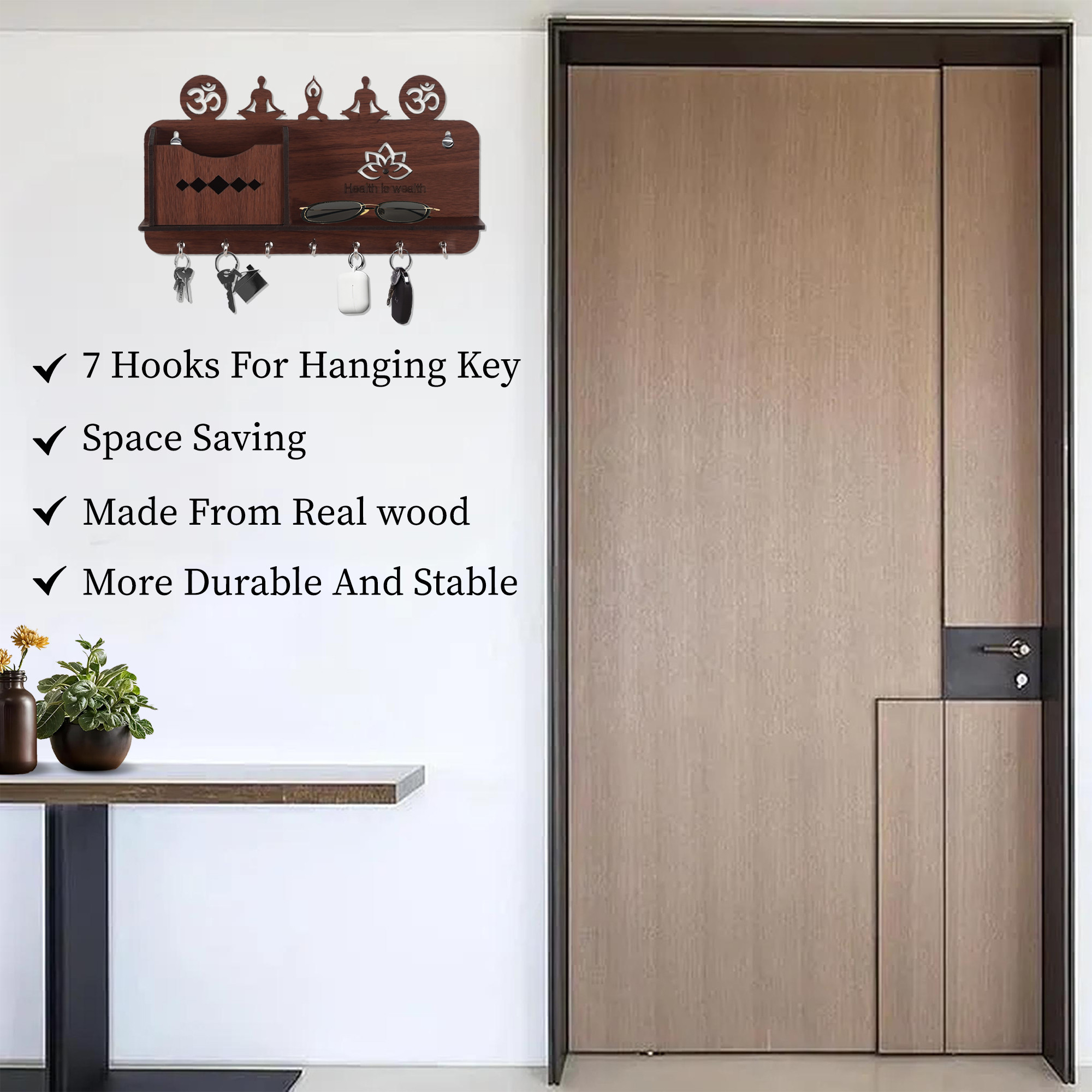 Kuber Industries 7 Hook Wooden Key Holder for Home Decor Stylish  Aesthetic Key Holder Stand  Key Stand for Wall with Shelf  Key Hangers  Decorative Items for Home Decor  Dark Brown