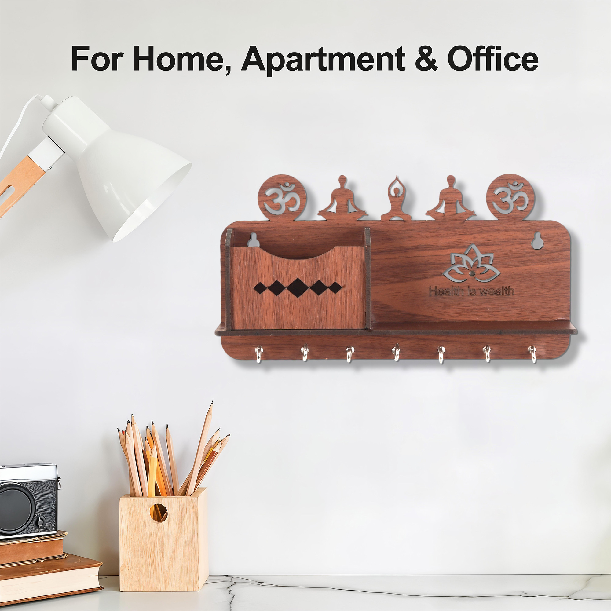 Kuber Industries 7 Hook Wooden Key Holder for Home Decor Stylish  Aesthetic Key Holder Stand  Key Stand for Wall with Shelf  Key Hangers  Decorative Items for Home Decor  Dark Brown