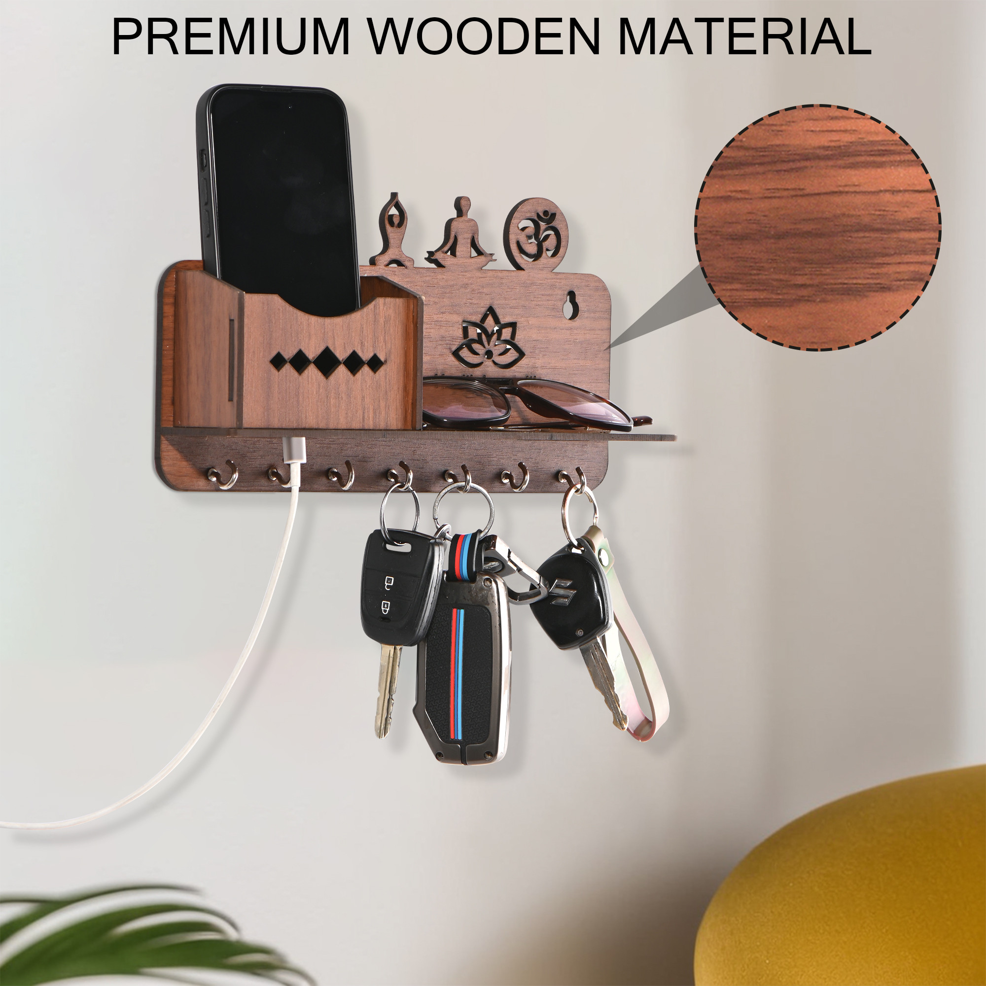 Kuber Industries 7 Hook Wooden Key Holder for Home Decor Stylish  Aesthetic Key Holder Stand  Key Stand for Wall with Shelf  Key Hangers  Decorative Items for Home Decor  Dark Brown