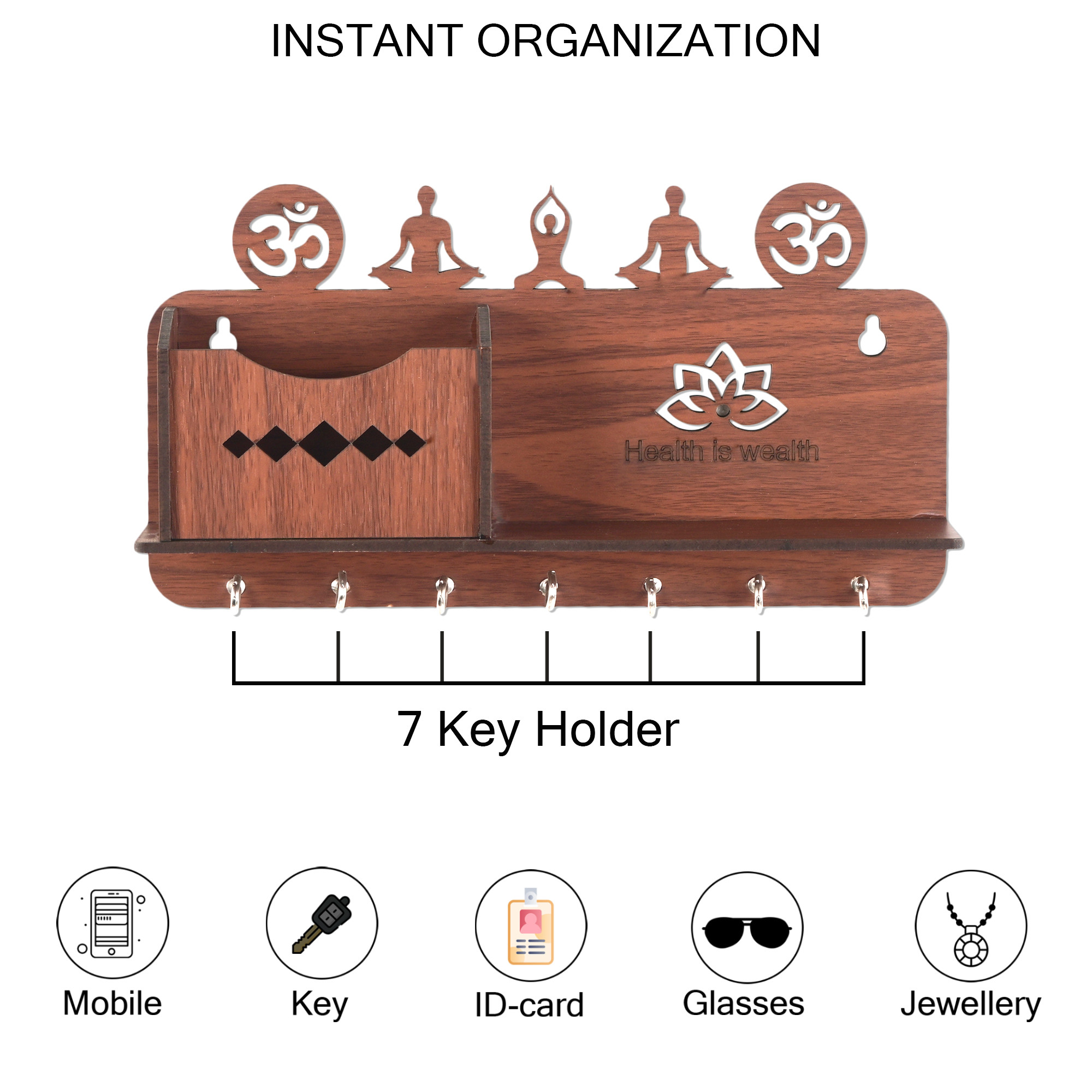 Kuber Industries 7 Hook Wooden Key Holder for Home Decor Stylish  Aesthetic Key Holder Stand  Key Stand for Wall with Shelf  Key Hangers  Decorative Items for Home Decor  Dark Brown