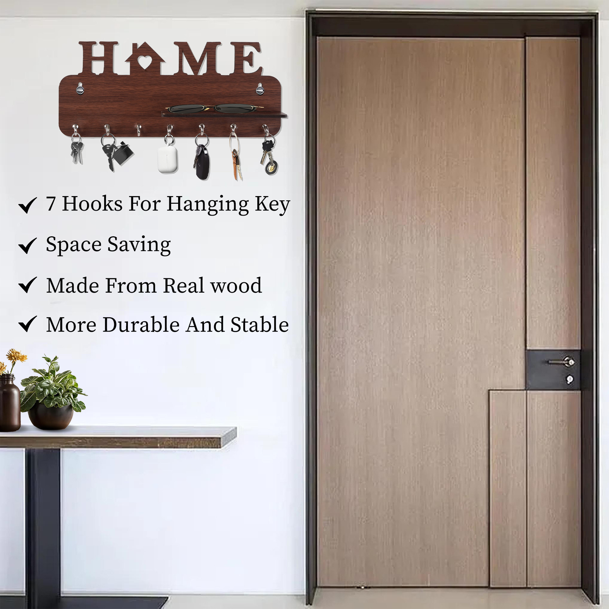 Kuber Industries 7 Hook Wooden Key Holder for Home Decor Stylish  Key Holder Stand  Key Stand for Wall  Key Hangers  Decorative Items for Home Decor  C Home Print - Dark Brown