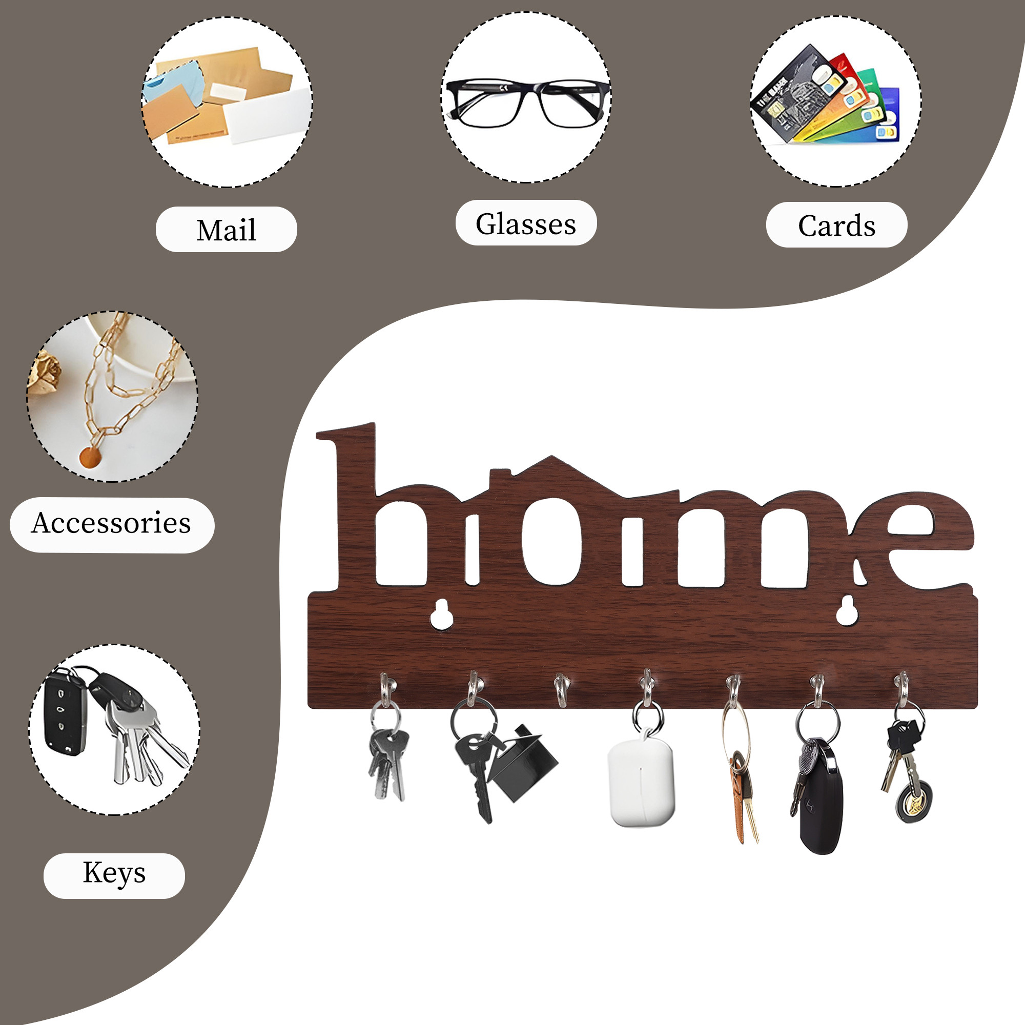 Kuber Industries 7 Hook Wooden Key Holder for Home Decor Stylish  Key Holder Stand  Key Stand for Wall  Key Hangers  Decorative Items for Home Decor  Home Print - Dark Brown