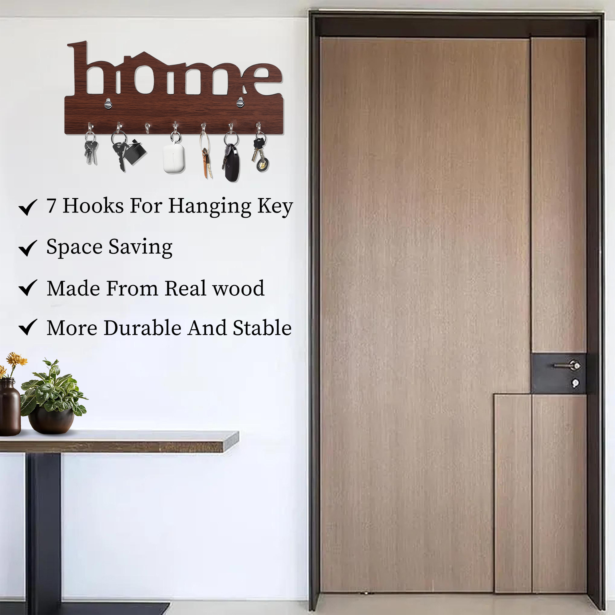 Kuber Industries 7 Hook Wooden Key Holder for Home Decor Stylish  Key Holder Stand  Key Stand for Wall  Key Hangers  Decorative Items for Home Decor  Home Print - Dark Brown