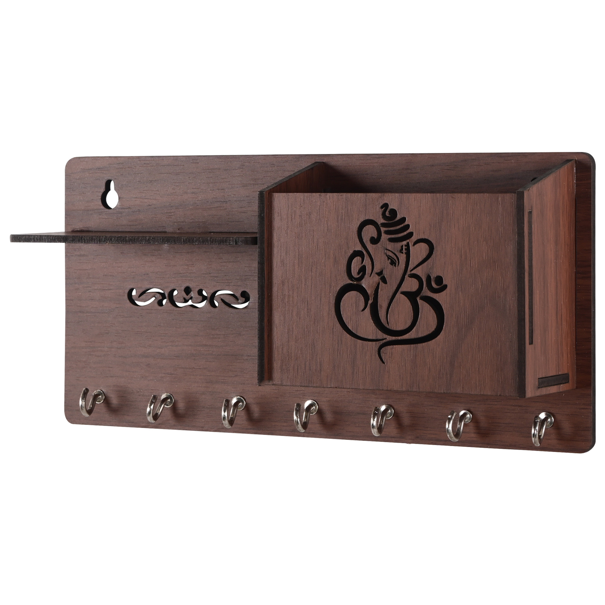 Kuber Industries 7 Hook Wooden Key Holder for Home Decor Stylish  Key Holder Stand  Key Stand for Wall  Key Hangers  Decorative Items for Home Decor with Storage Space  Ganesha-Brown