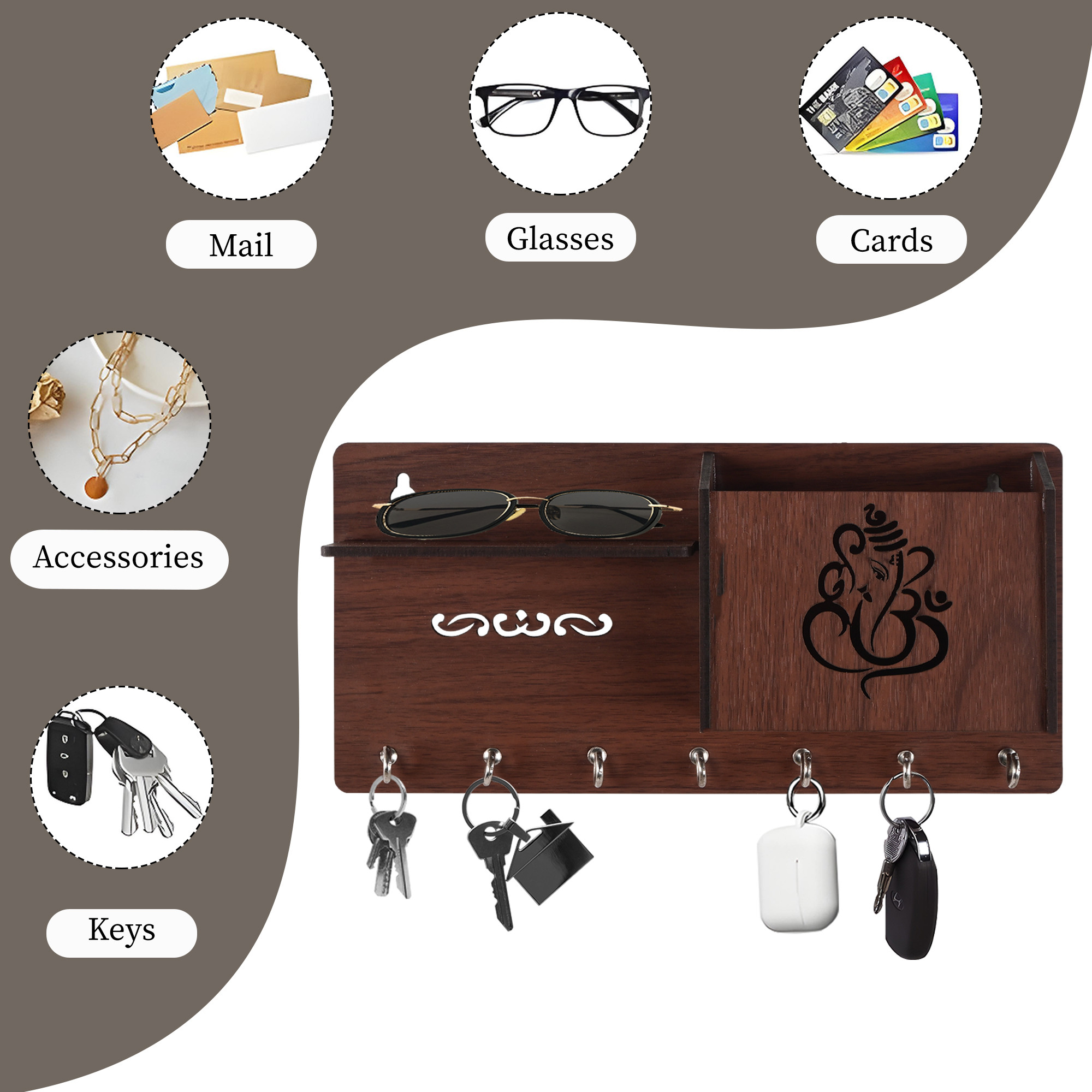 Kuber Industries 7 Hook Wooden Key Holder for Home Decor Stylish  Key Holder Stand  Key Stand for Wall  Key Hangers  Decorative Items for Home Decor with Storage Space  Ganesha-Brown