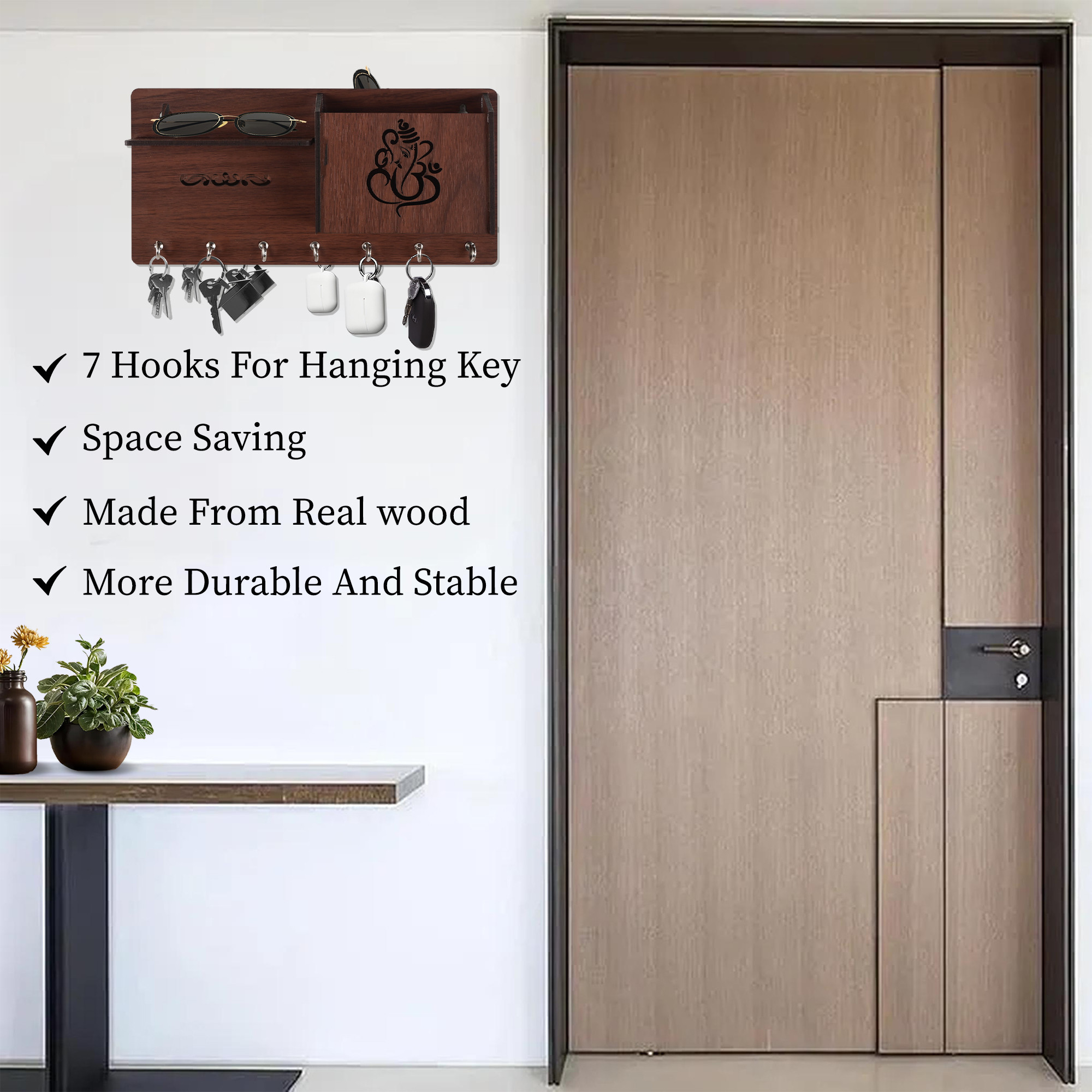 Kuber Industries 7 Hook Wooden Key Holder for Home Decor Stylish  Key Holder Stand  Key Stand for Wall  Key Hangers  Decorative Items for Home Decor with Storage Space  Ganesha-Brown