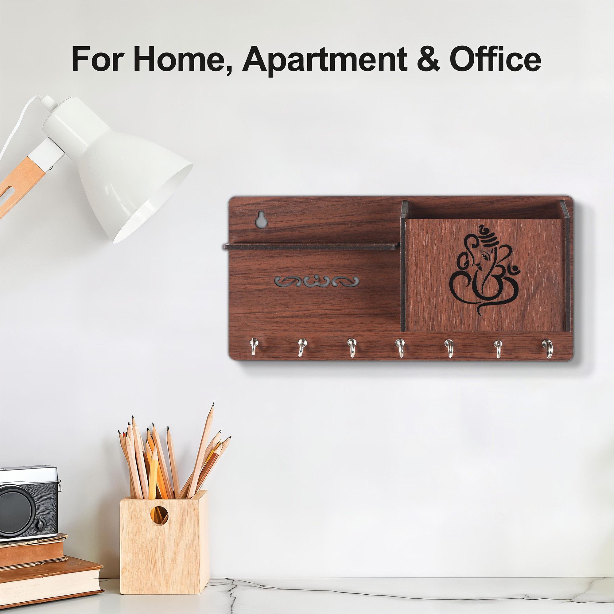 Kuber Industries 7 Hook Wooden Key Holder for Home Decor Stylish  Key Holder Stand  Key Stand for Wall  Key Hangers  Decorative Items for Home Decor with Storage Space  Ganesha -Brown
