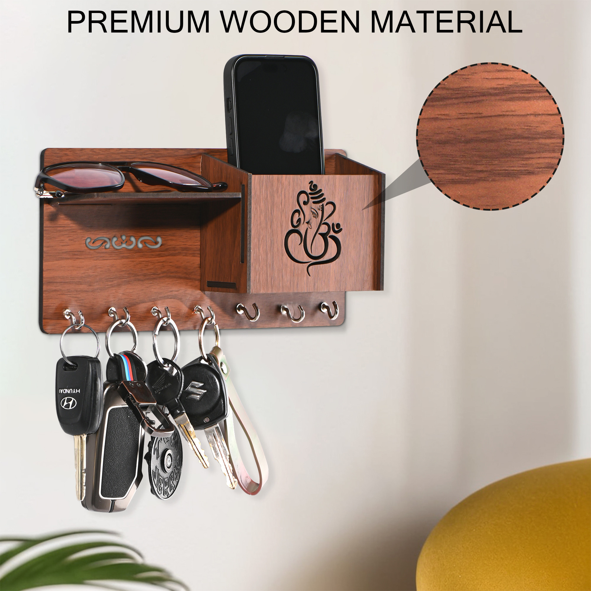 Kuber Industries 7 Hook Wooden Key Holder for Home Decor Stylish  Key Holder Stand  Key Stand for Wall  Key Hangers  Decorative Items for Home Decor with Storage Space  Ganesha -Brown