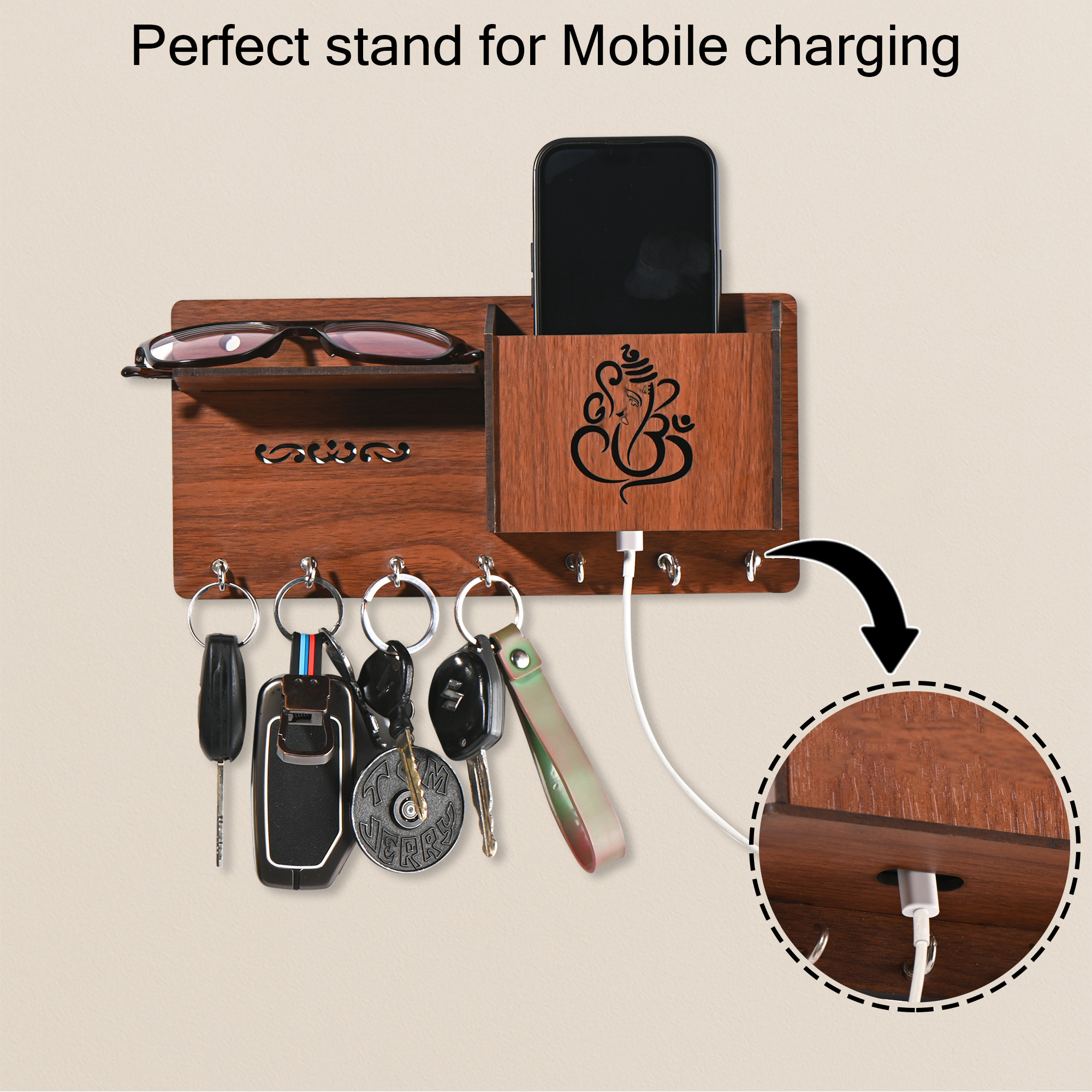 Kuber Industries 7 Hook Wooden Key Holder for Home Decor Stylish  Key Holder Stand  Key Stand for Wall  Key Hangers  Decorative Items for Home Decor with Storage Space  Ganesha -Brown