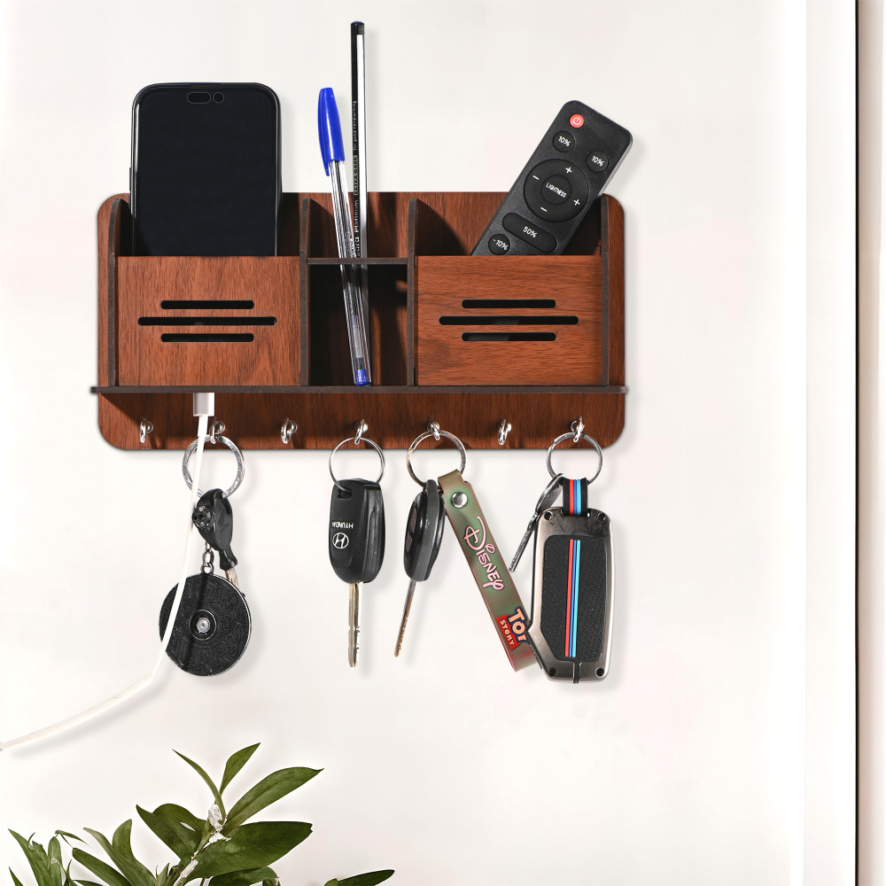 Image of Kuber Industries 7 Hook Wooden Key Holder for Home Decor Stylish | Key Holder Stand &amp; Key Stand for Wall with Storage Space | Key Hangers &amp; Decorative Items for Home Decor | Plain -Brown