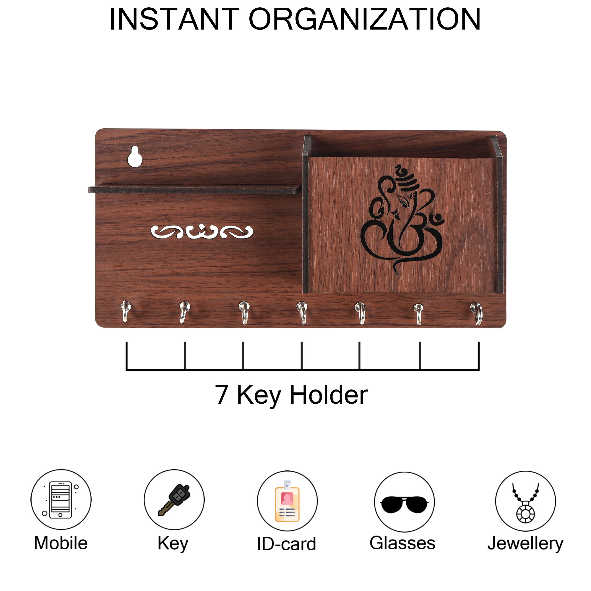 Kuber Industries 7 Hook Wooden Key Holder for Home Decor Stylish  Key Holder Stand  Key Stand for Wall  Key Hangers  Decorative Items for Home Decor with Storage Space  Ganesha -Brown