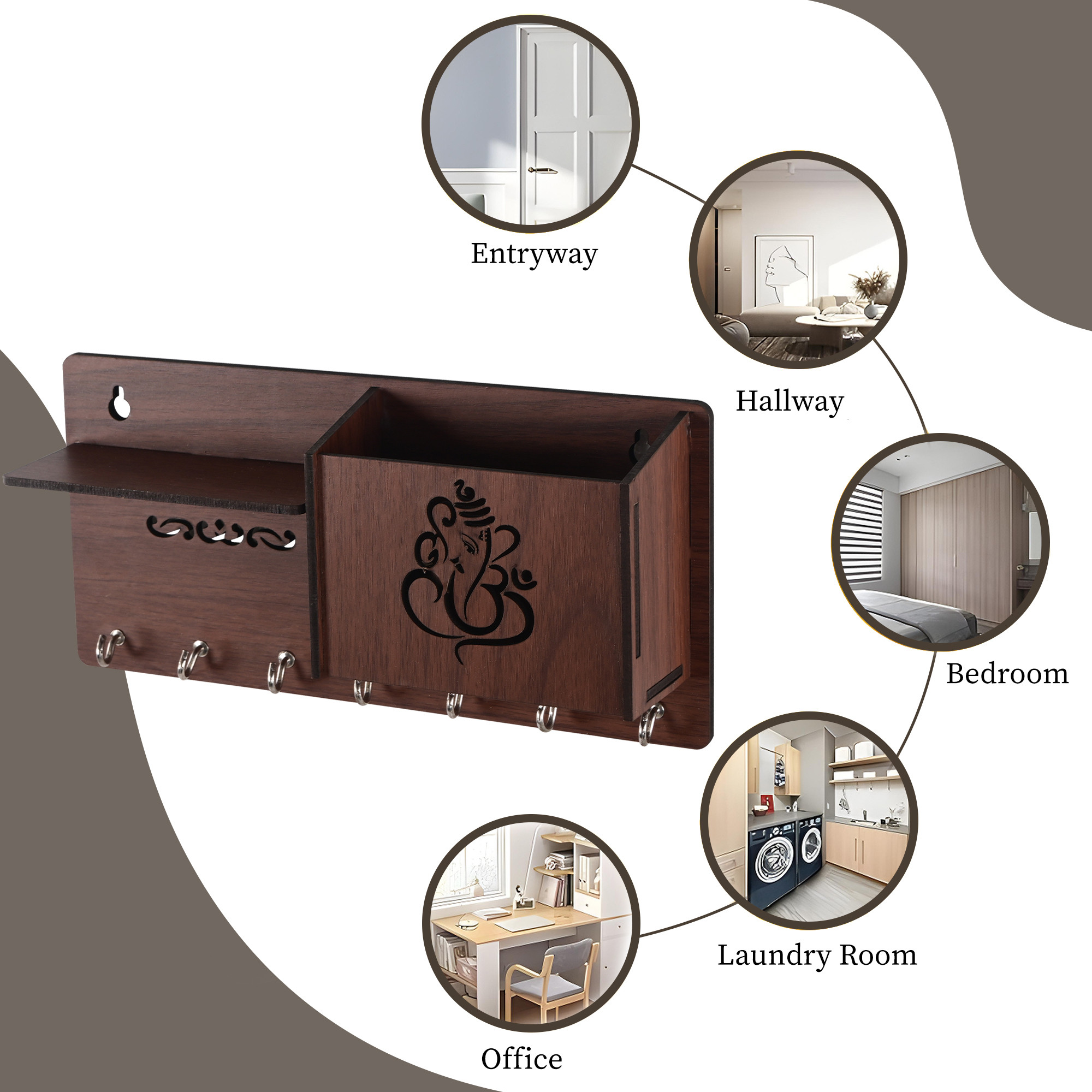 Kuber Industries 7 Hook Wooden Key Holder for Home Decor Stylish  Key Holder Stand  Key Stand for Wall  Key Hangers  Decorative Items for Home Decor with Storage Space  Ganesha-Brown