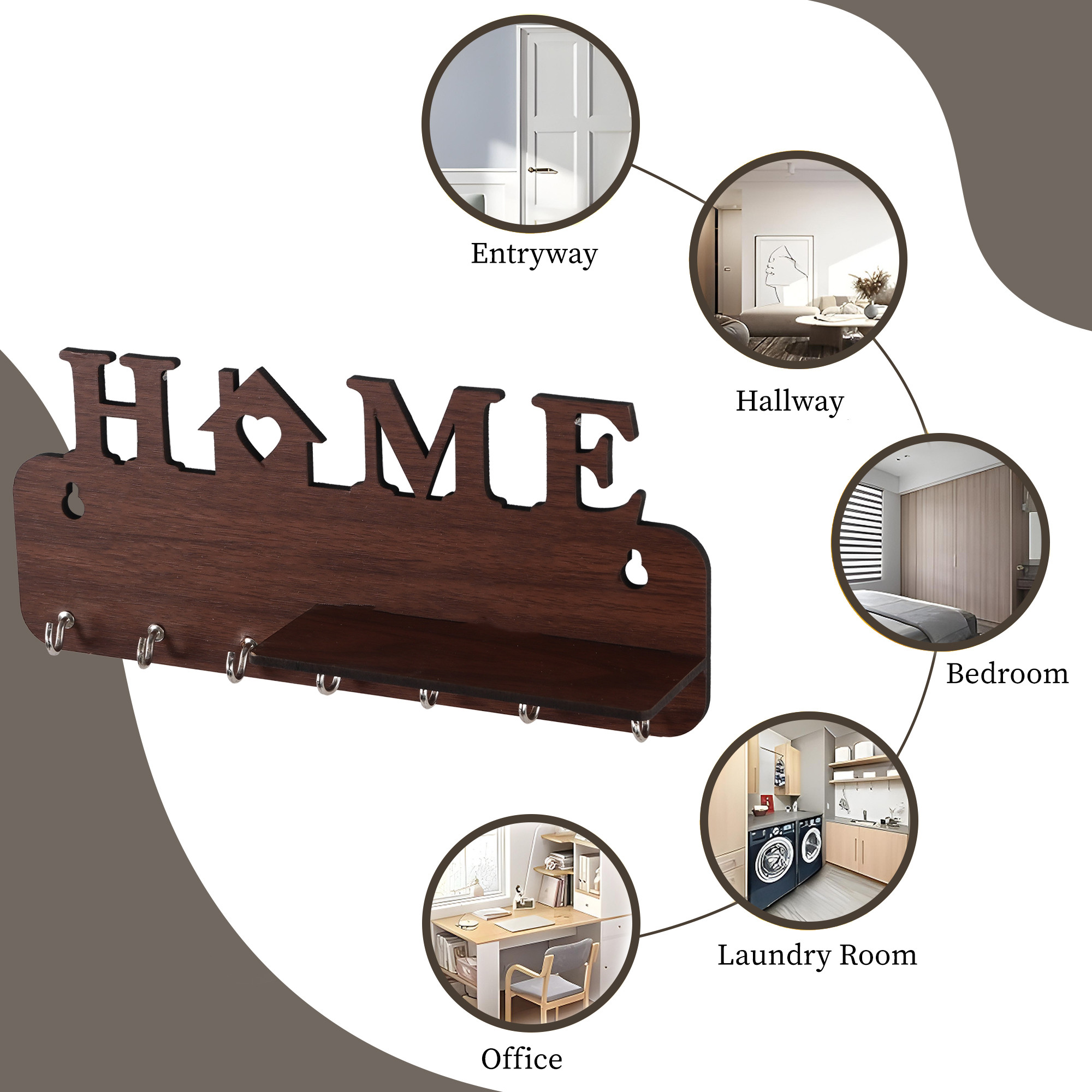 Kuber Industries 7 Hook Wooden Key Holder for Home Decor Stylish  Key Holder Stand  Key Stand for Wall  Key Hangers  Decorative Items for Home Decor  C Home Print - Dark Brown