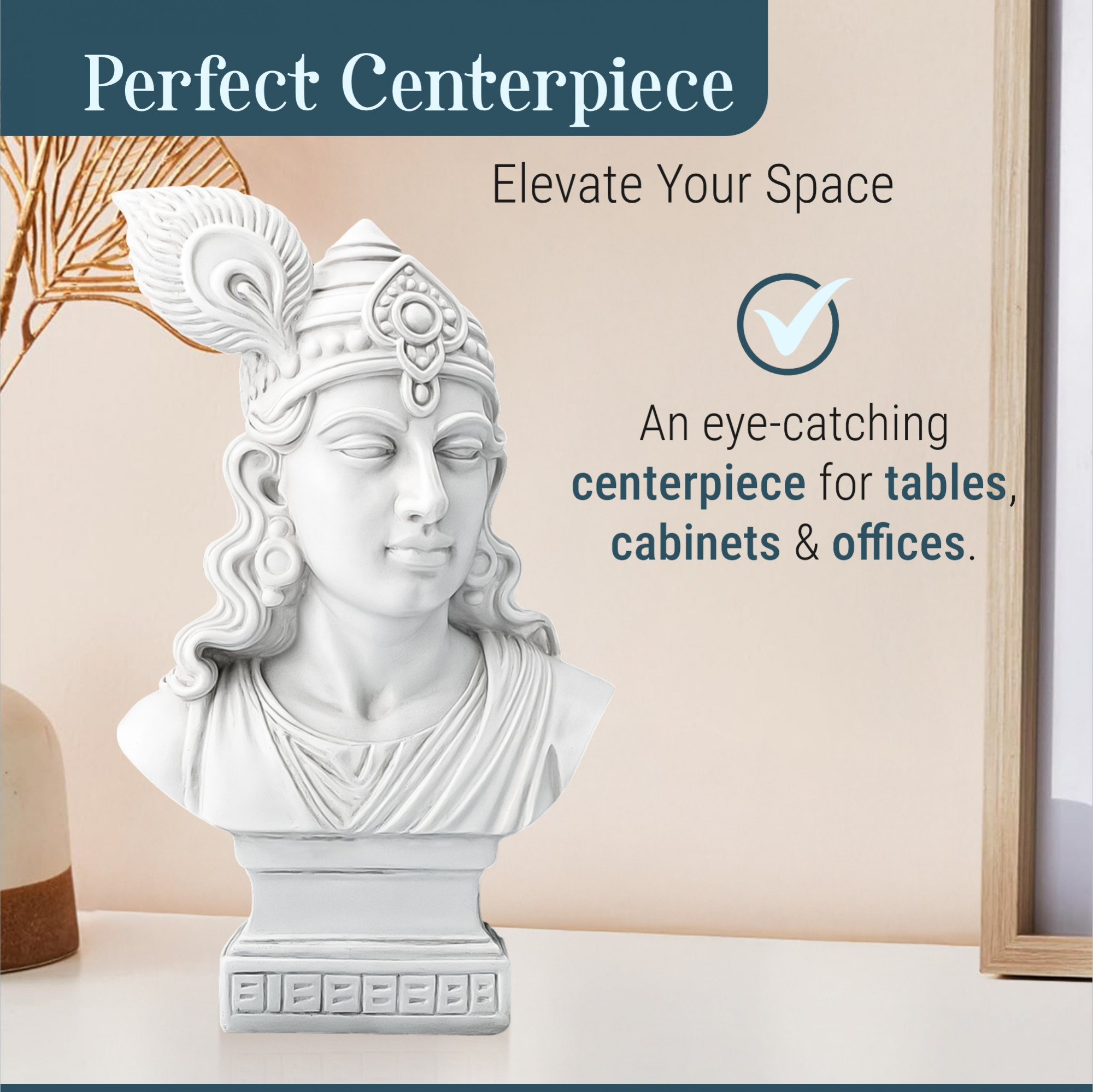 Kuber Industries 7 Inch Resin Lord Krishna Idol  Figurine  Show Pieces for Home Decor Living Room and Office Desk  House Warming Gifts  White