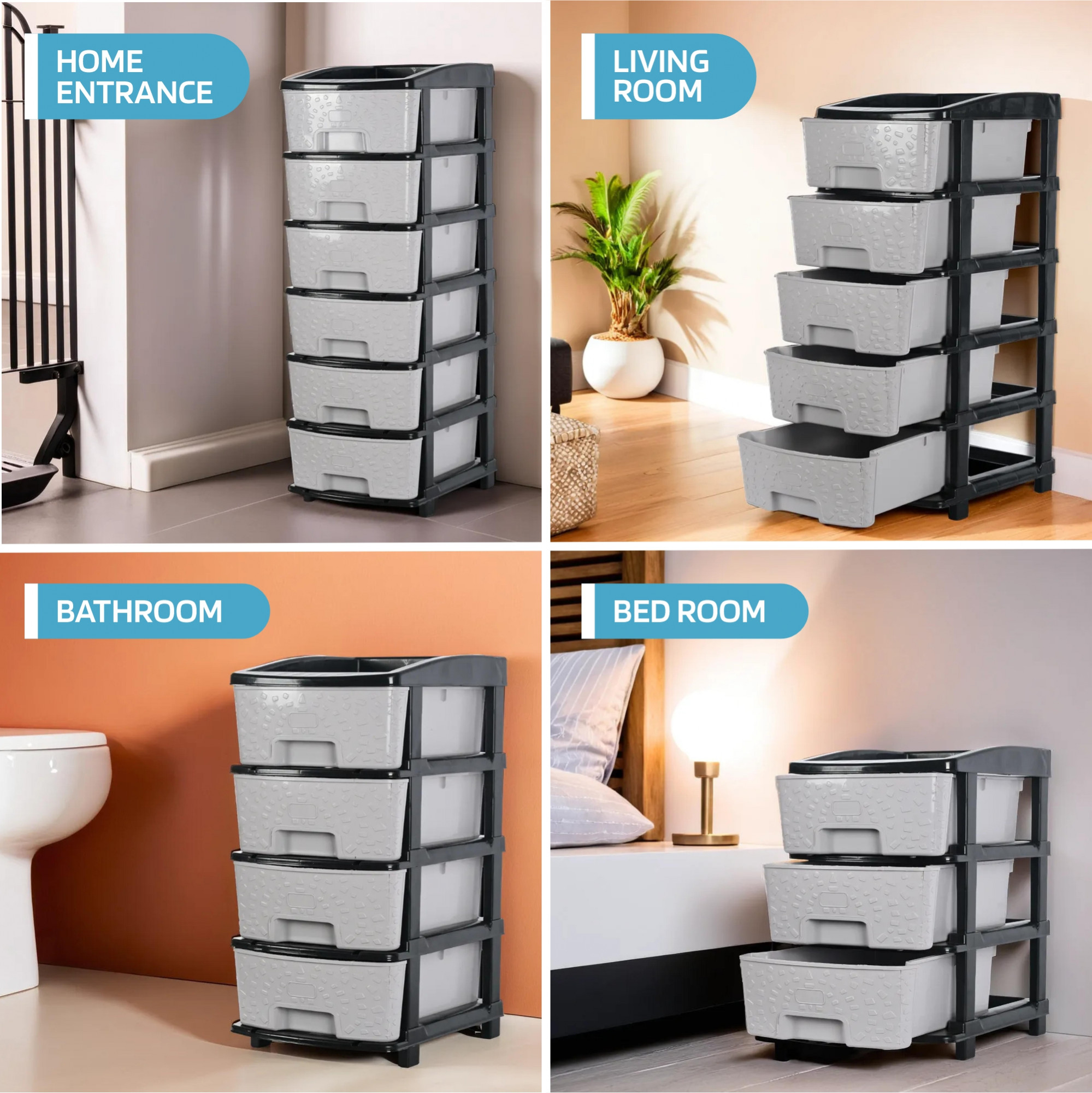 Kuber Industries 7-Layer  57 Ltr Modular Drawer Storage Organizer  Easy-to-Clean Books Clothes  Toys Organizer for Kids Room Bathroom  Parlour  Black  Grey